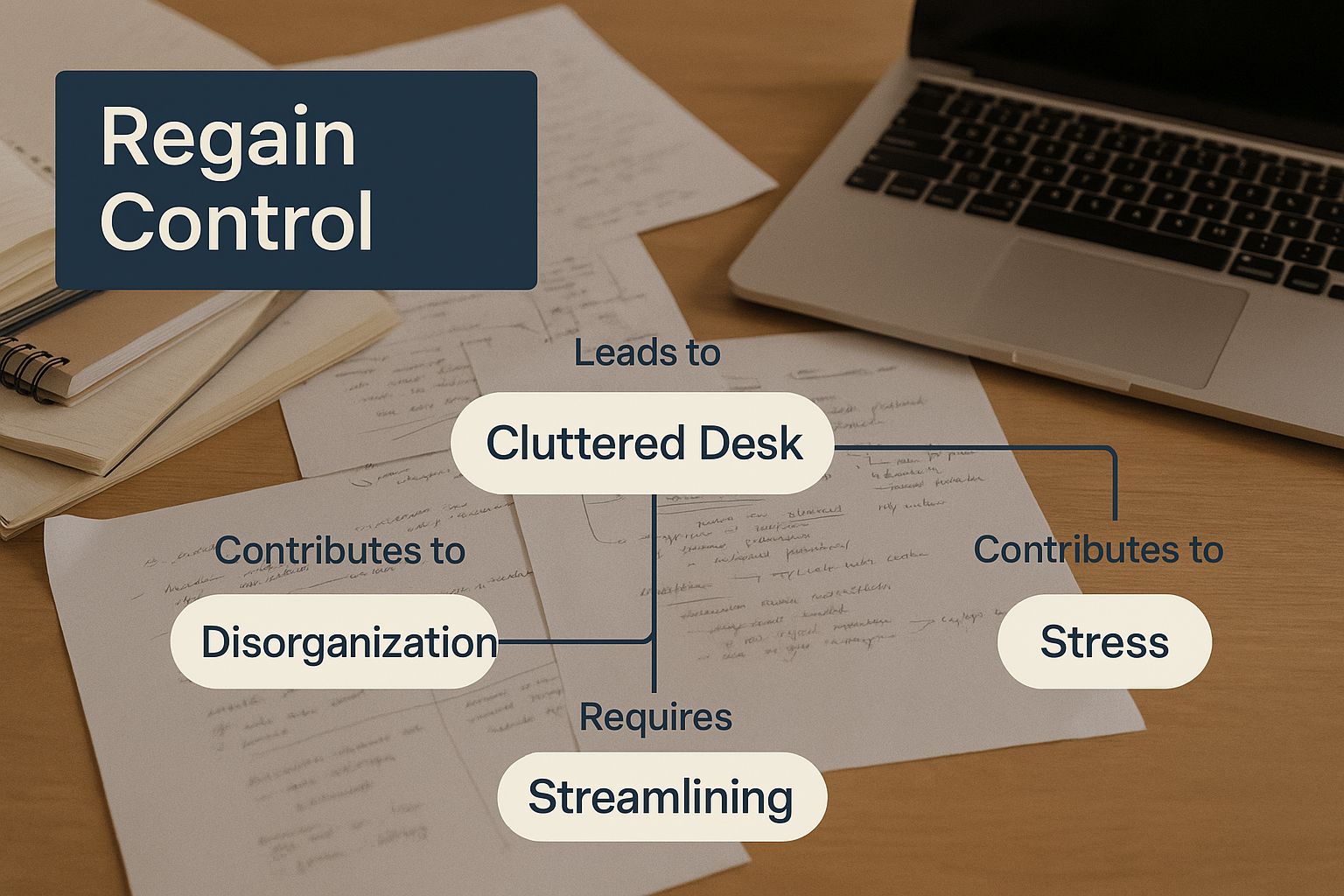 An infographic showing a cluttered desk with a text block that says &#39;Regain Control&#39;, symbolizing the need for a time management system.