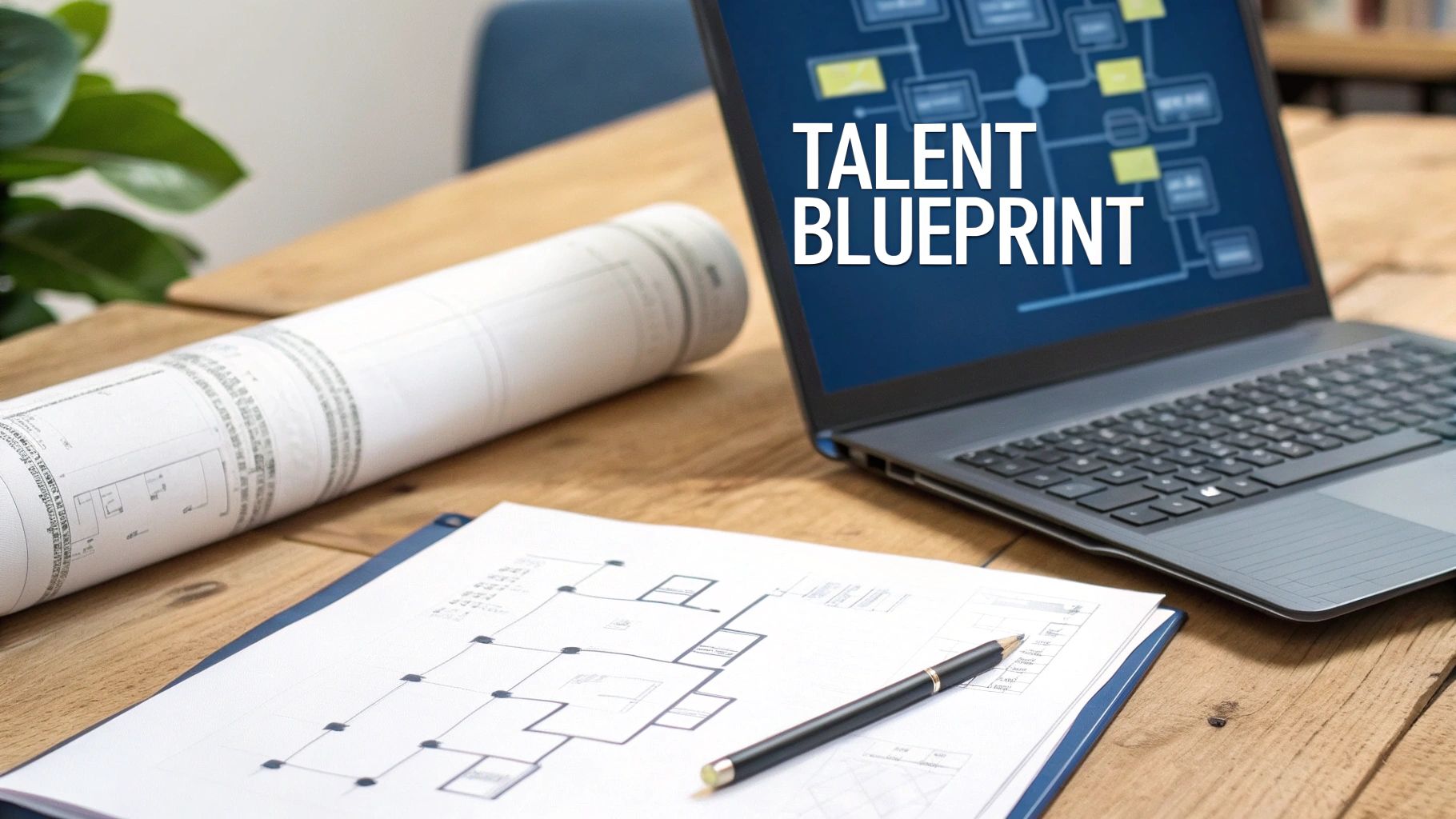 A team collaborating around a table, illustrating a workforce planning strategy session.