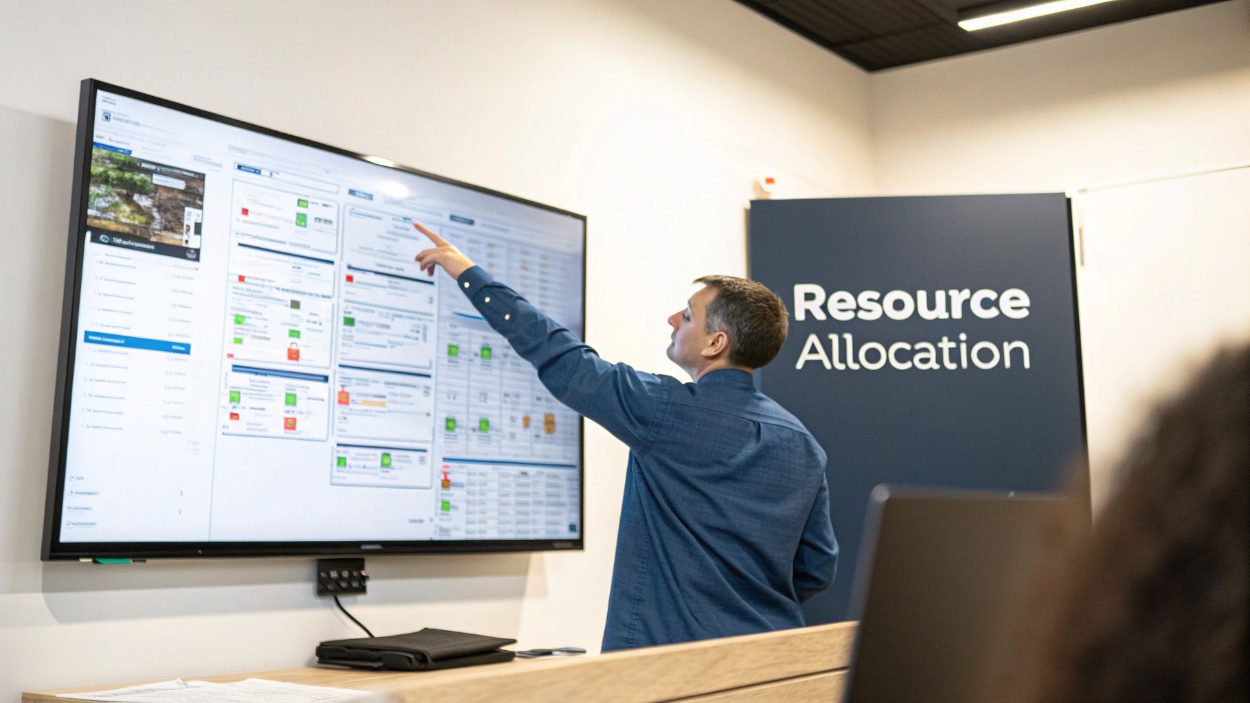 A man in a blue shirt points at a large screen displaying data and charts during a resource allocation presentation.
