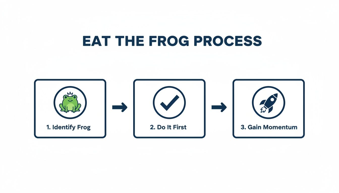 A three-step diagram illustrates the 'Eat the Frog Process' for productivity and task management.