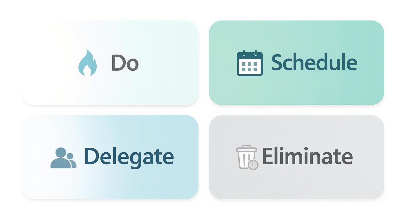 Four colored buttons representing task management actions: Do, Schedule, Delegate, and Eliminate.