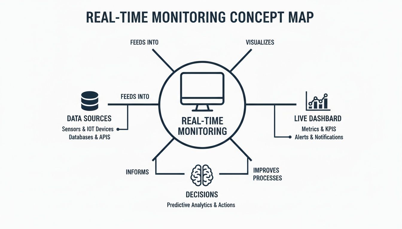 A concept map detailing the real-time monitoring process, linking data sources, live dashboards, and decision-making.