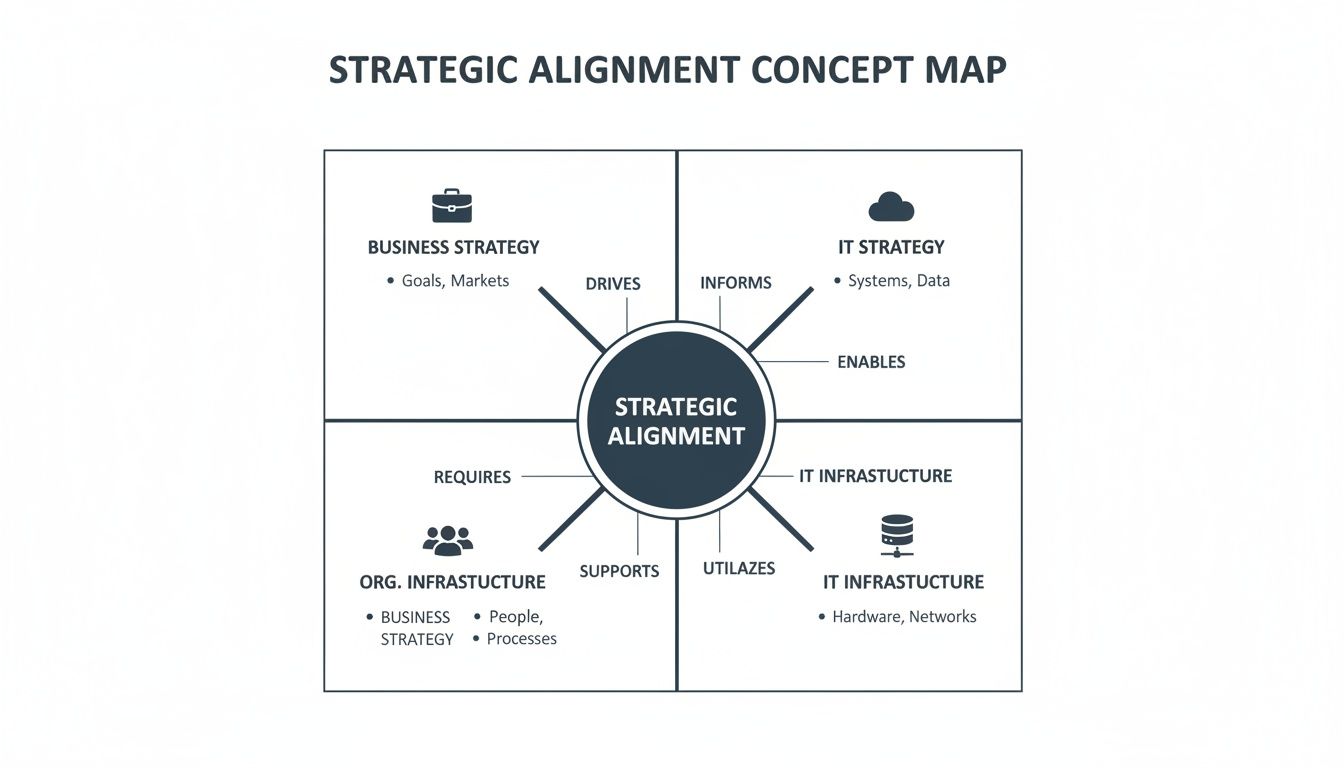 A strategic alignment concept map illustrates the interdependencies of business and IT strategies and infrastructures.