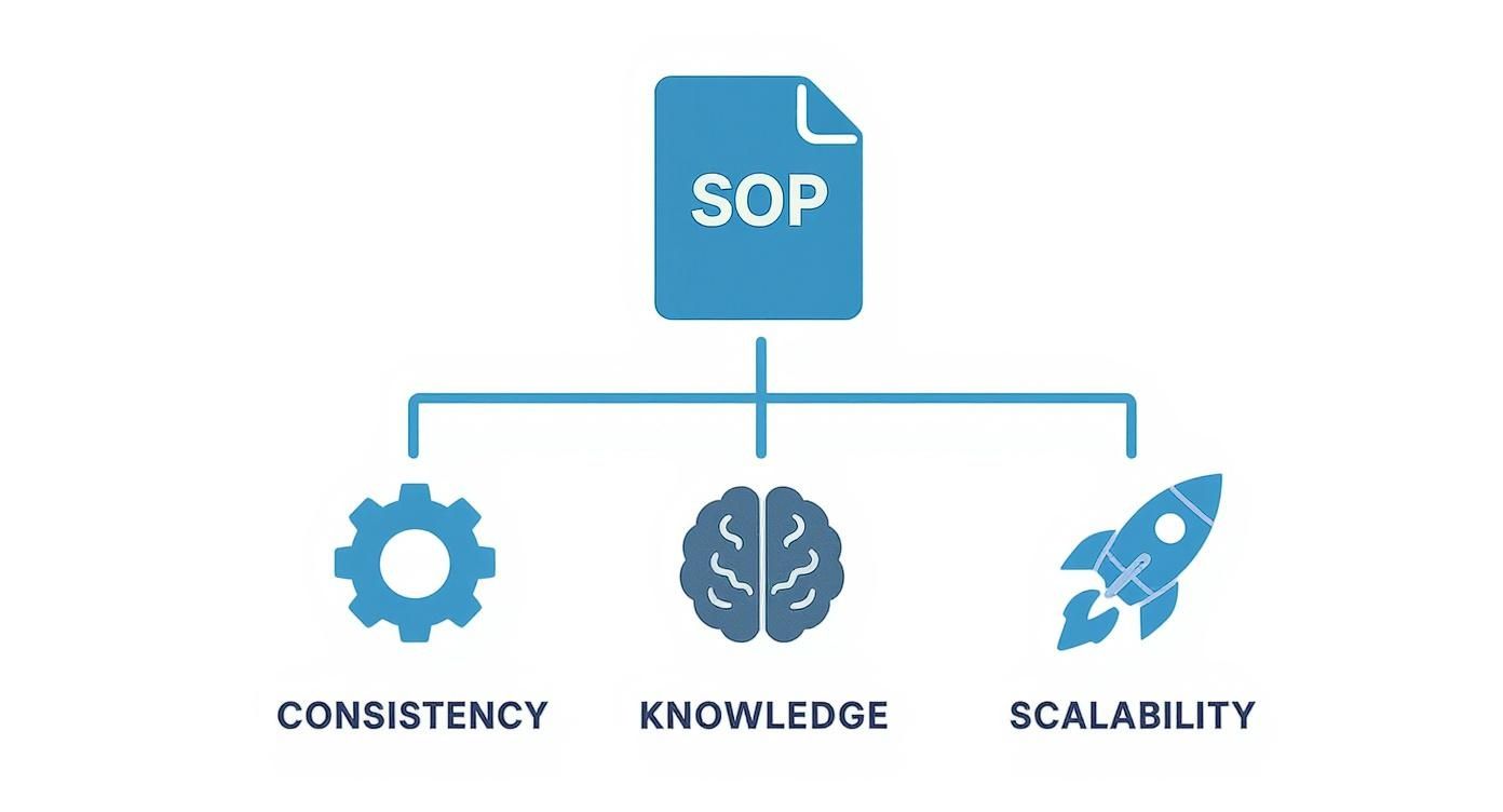 SOP document icon with three pillars: consistency gear, knowledge brain, and scalability rocket symbols