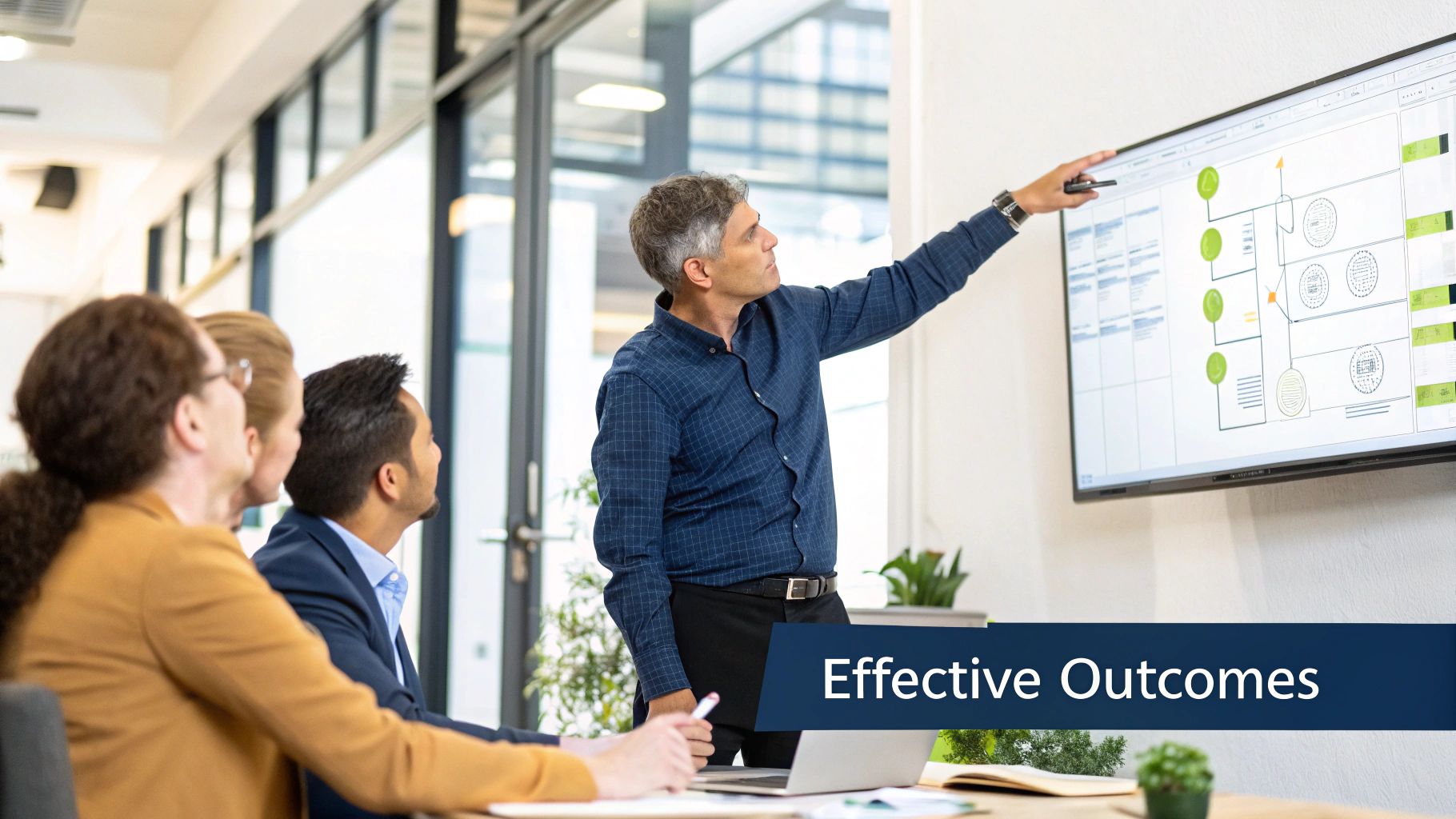A man presenting a digital diagram on a screen to three attentive colleagues in a modern office.
