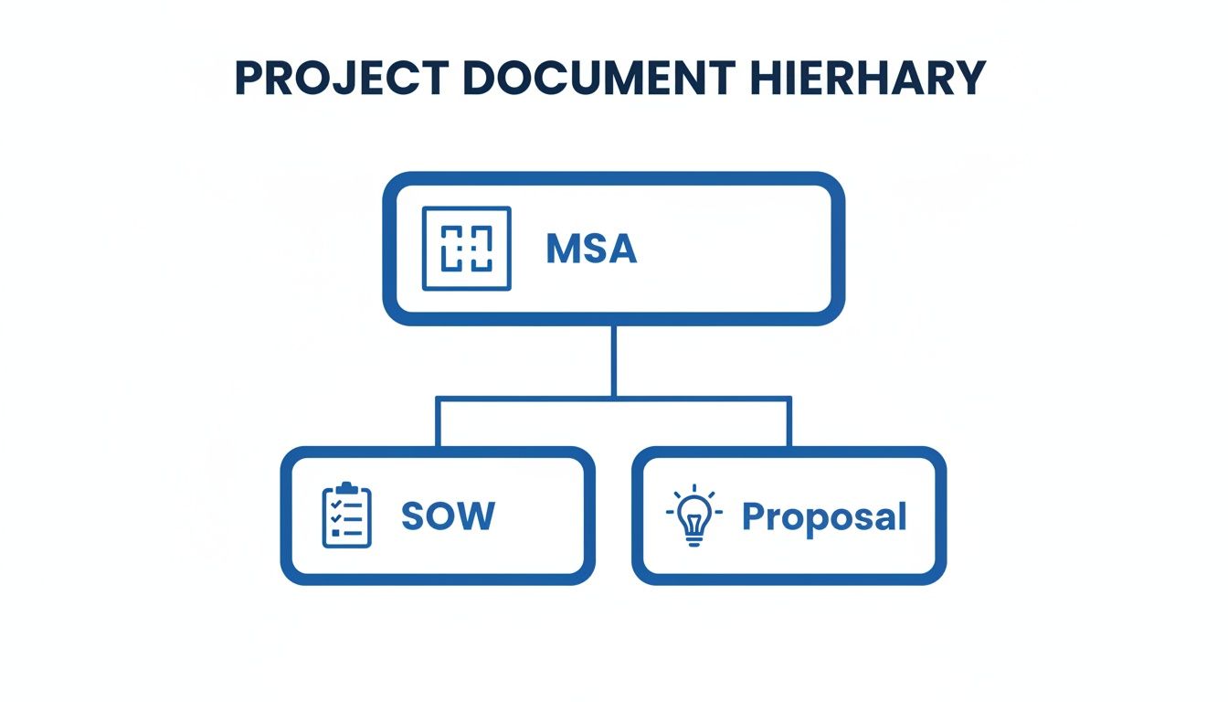 A project document hierarchy diagram with MSA at the top, linking to SOW and Proposal below.