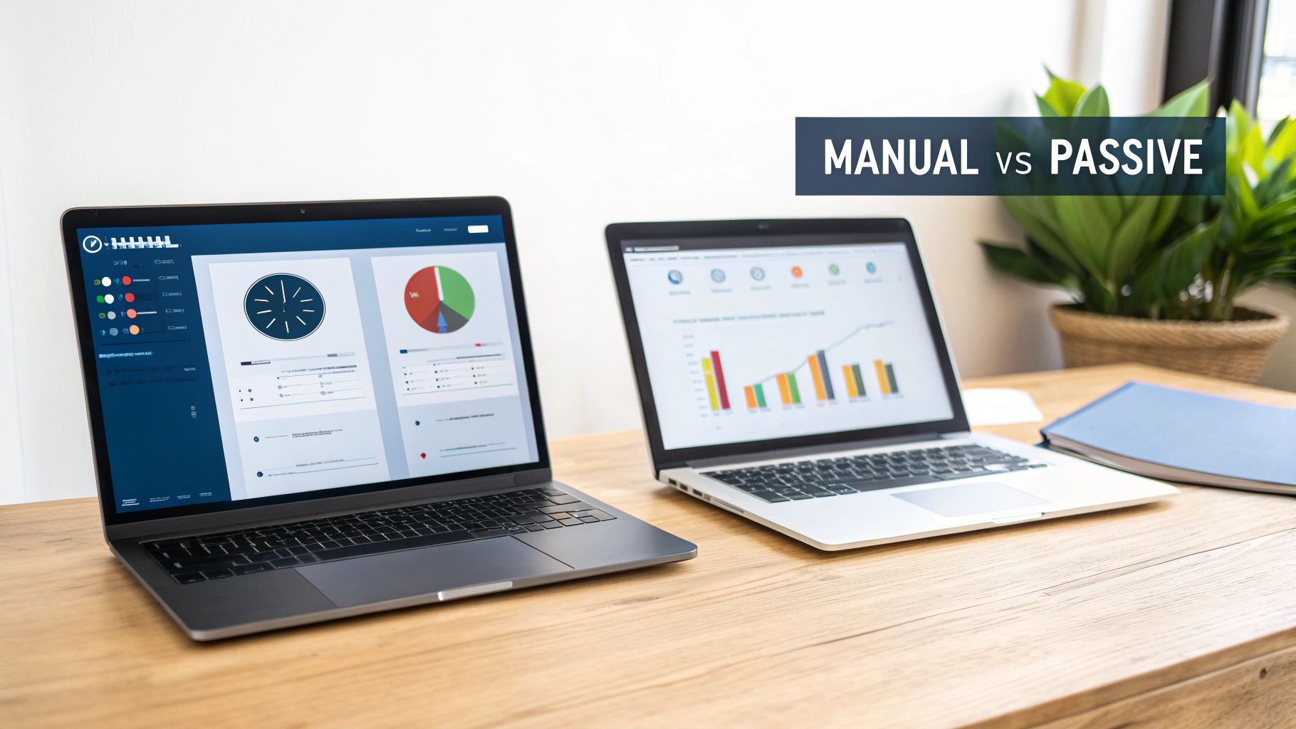 Two laptops on a wooden desk display data dashboards with charts, graphs, and a 'Manual vs Passive' overlay.