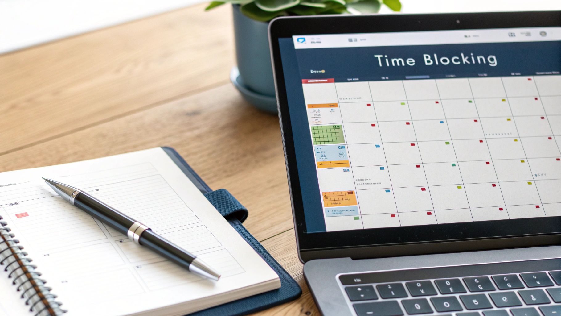 A laptop displays a 'Time Blocking' calendar next to a notebook and pen on a wooden desk.