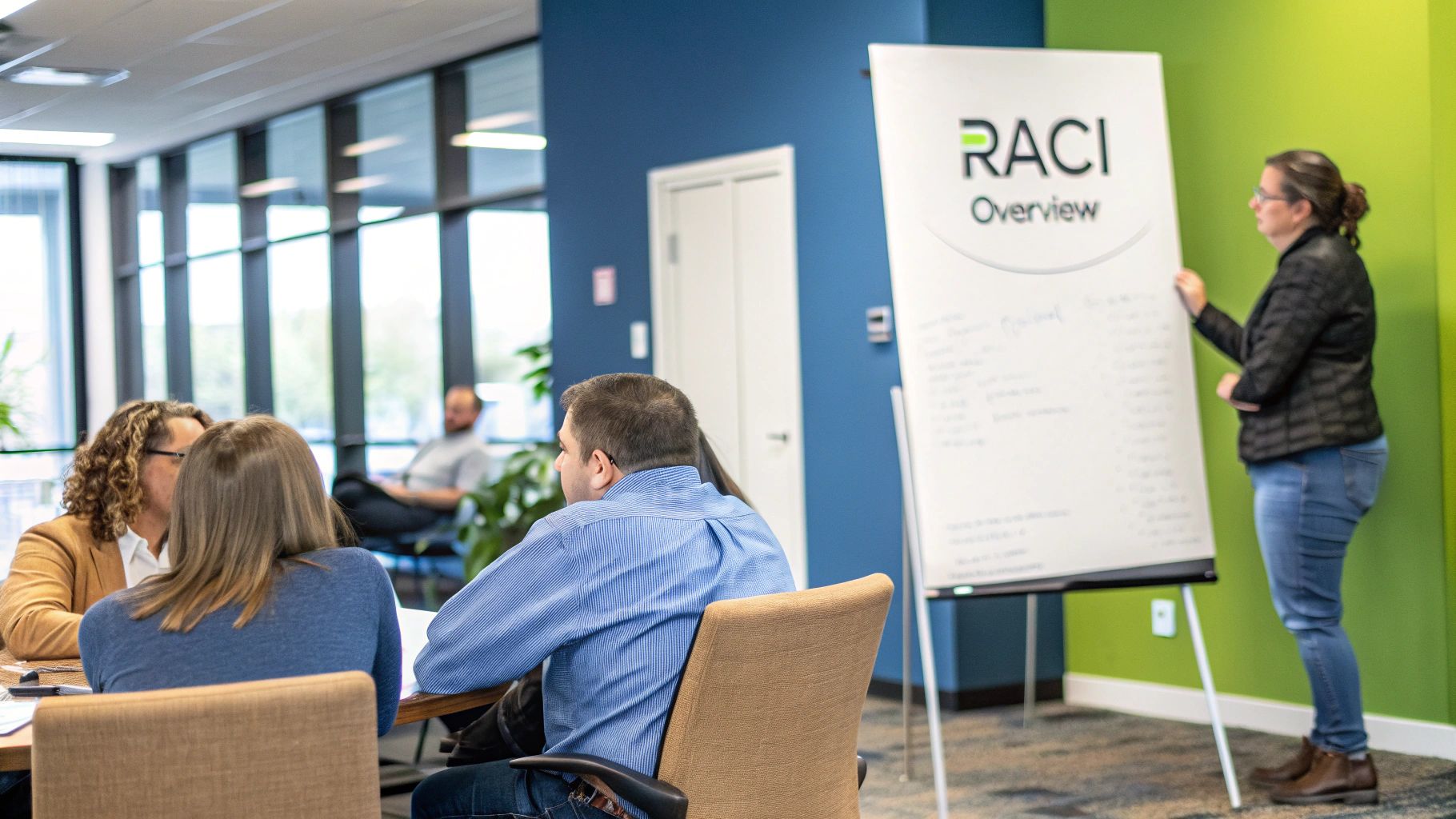 A team collaborating on a project plan, illustrating the concept of a responsibility assignment matrix.