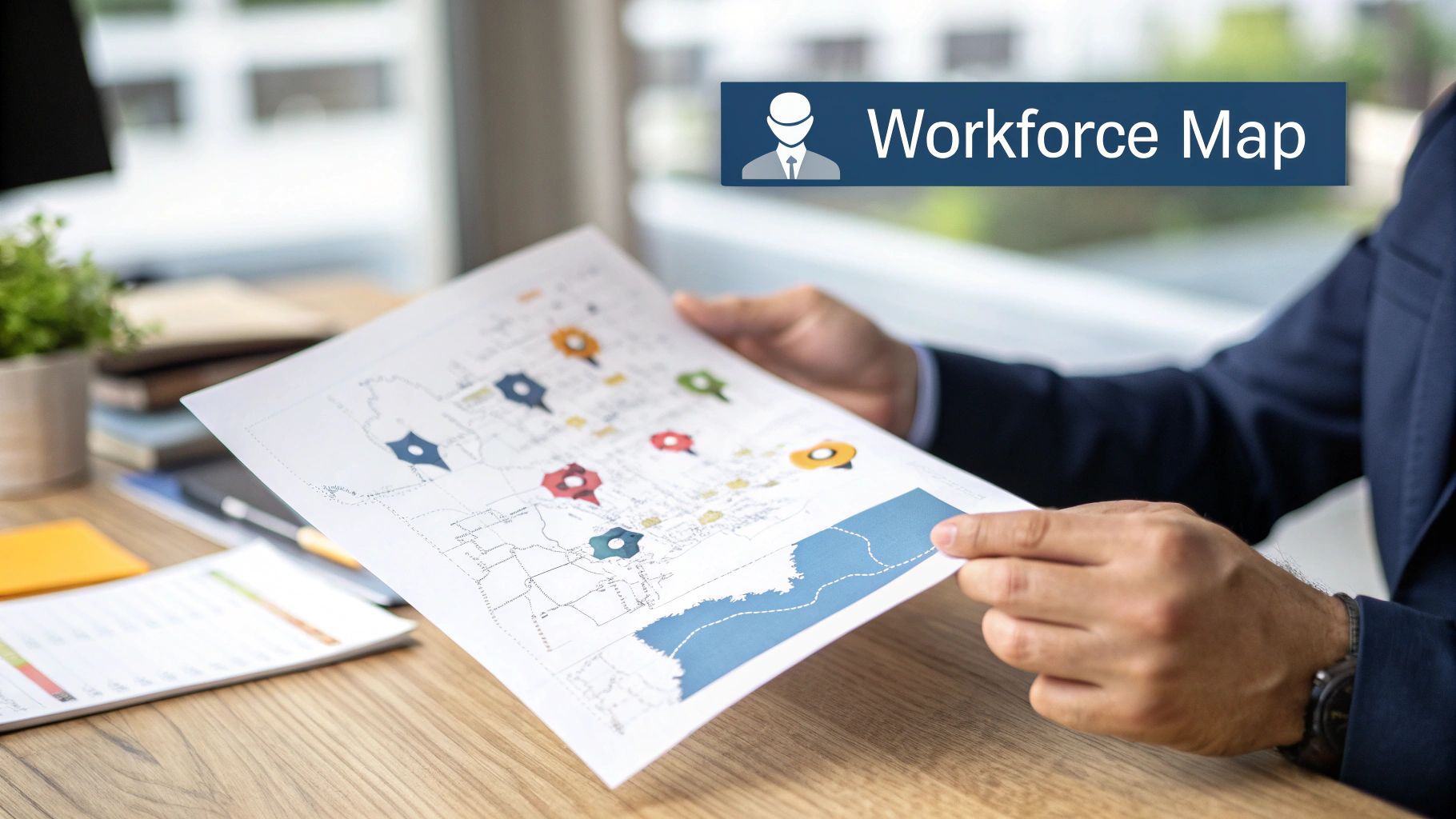 A group of HR professionals collaborating around a table, analysing charts and graphs on a laptop and documents, representing the strategic use of human resources data.