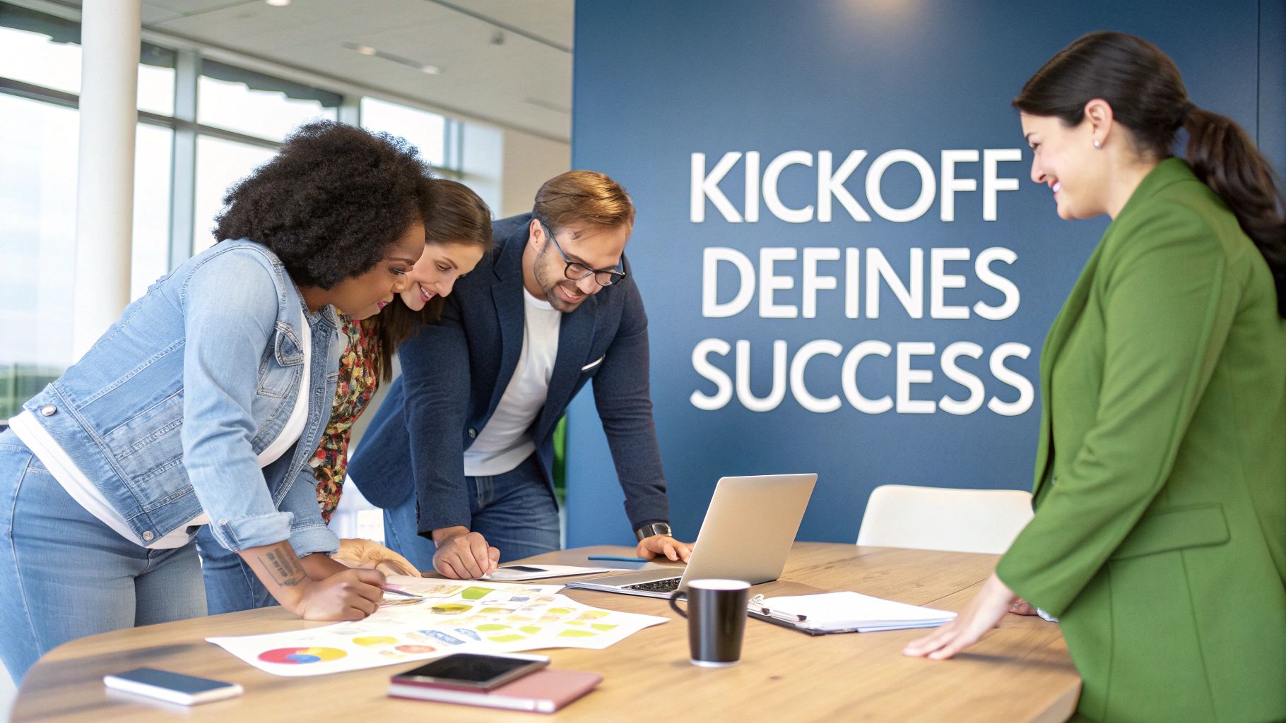 Four diverse colleagues collaborate around a table, reviewing documents and a laptop during a business kickoff meeting.