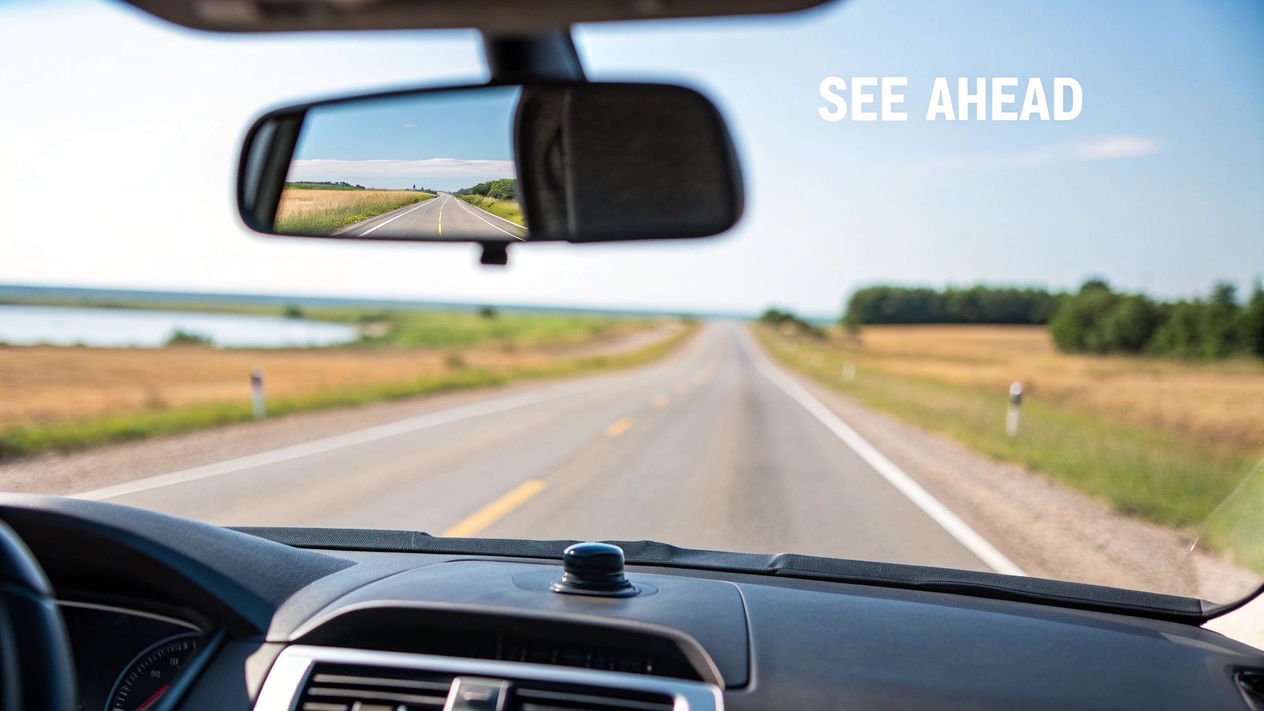 A view from a car dashboard showing a long, straight road ahead, with a rearview mirror reflecting the road behind, and text &#39;SEE AHEAD&#39; in the sky.