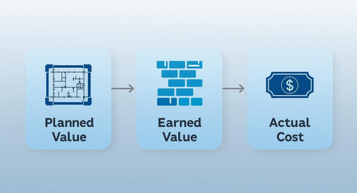 Planned Value (blueprint), Earned Value (bricks), and Actual Cost (money) in project management.