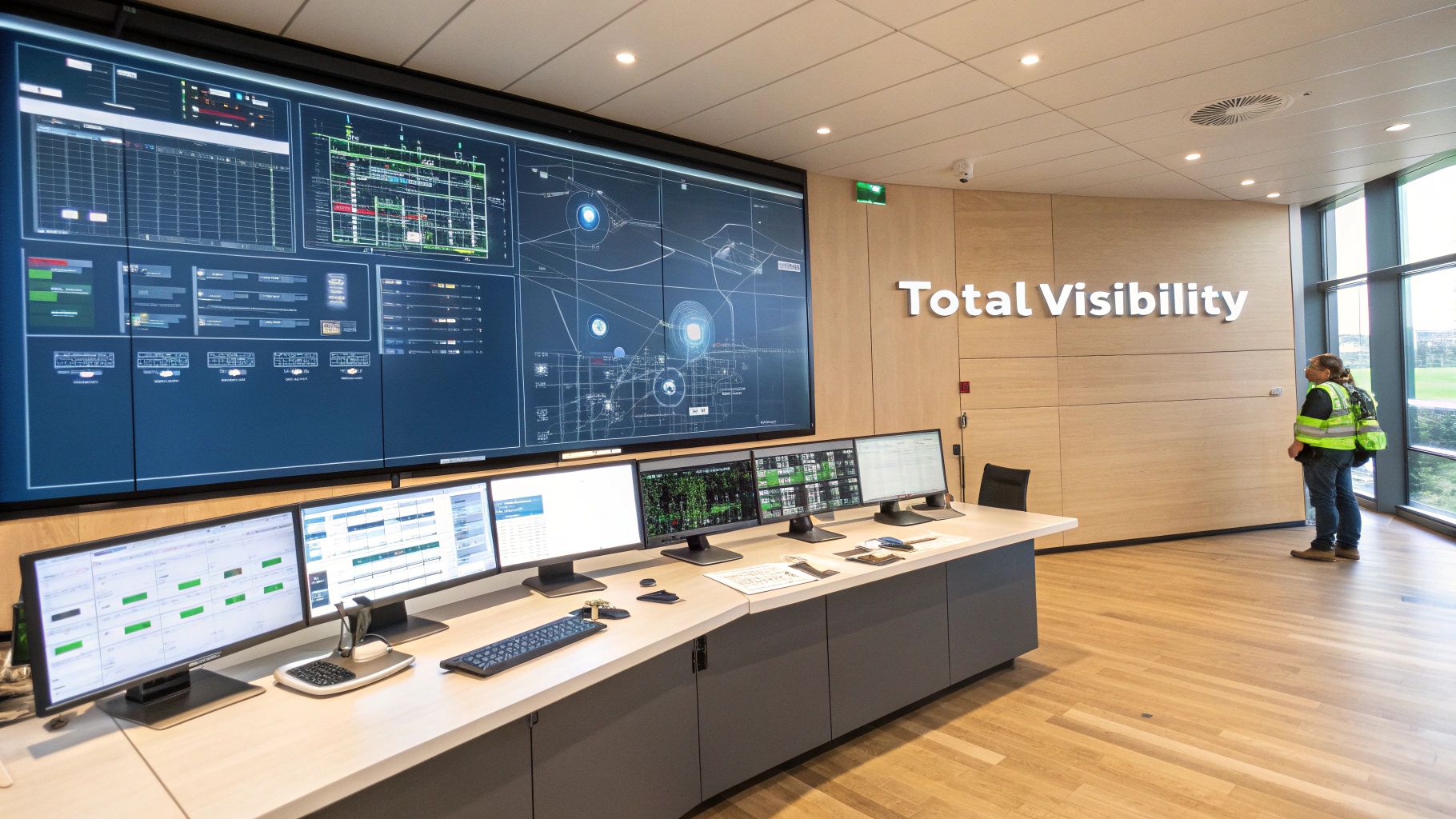 A team collaborating around a computer screen, illustrating the central nature of a resource planning program.