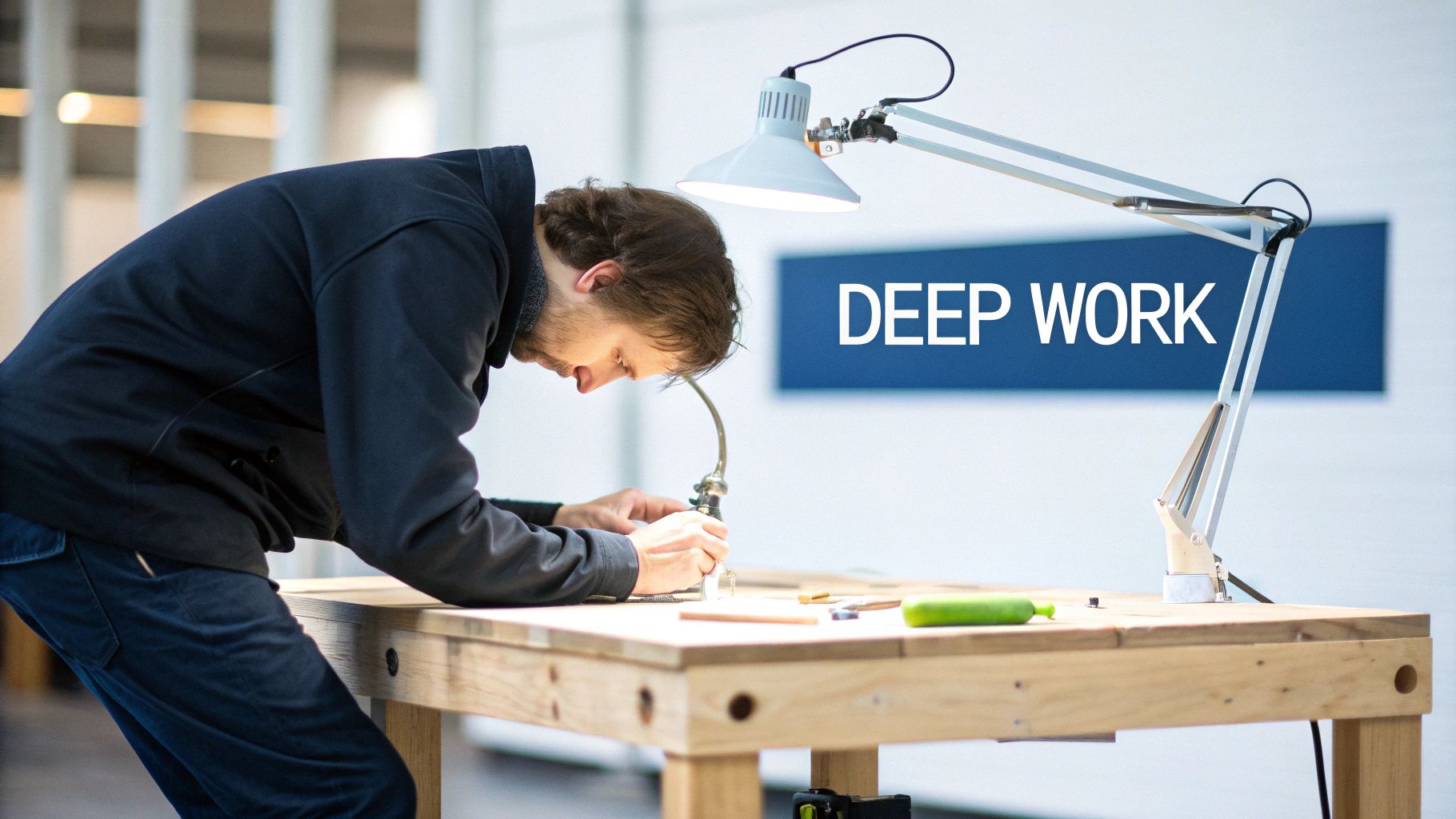 A man intently focused on detailed work at a wooden workbench under a lamp, with "DEEP WORK" in the background.