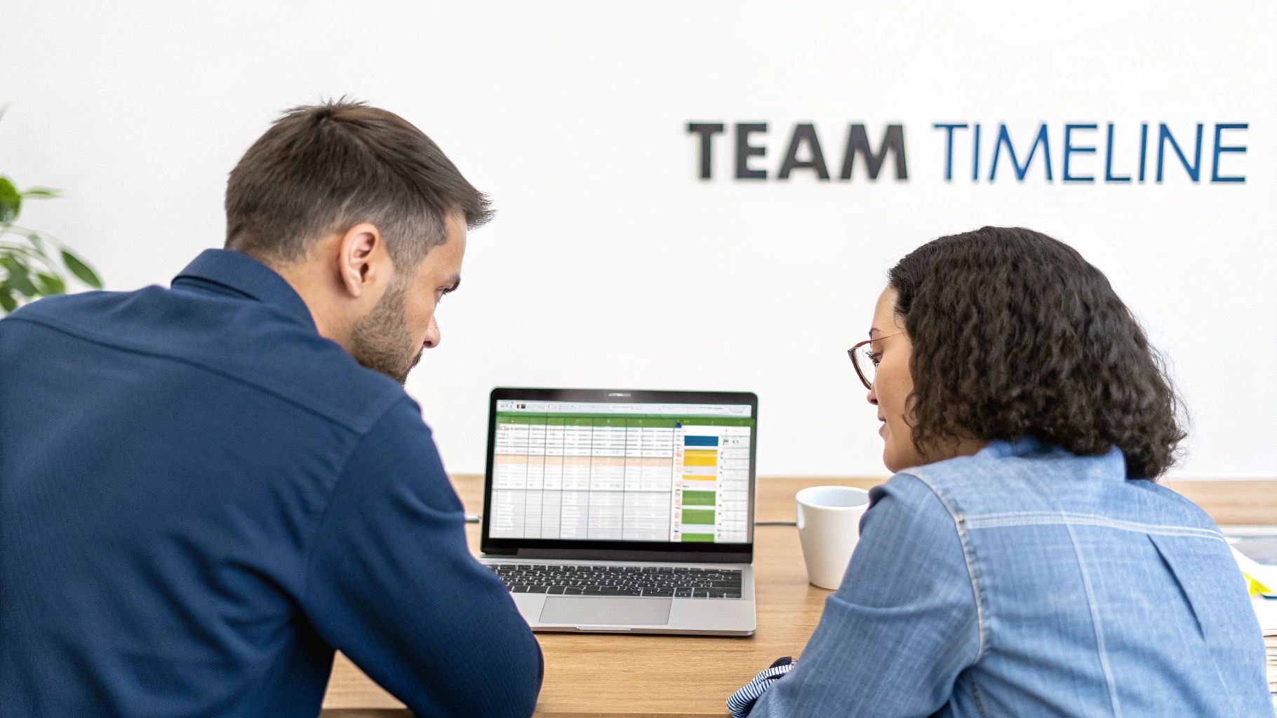 Two colleagues review a project timeline or Gantt chart on a laptop screen, collaborating in an office.