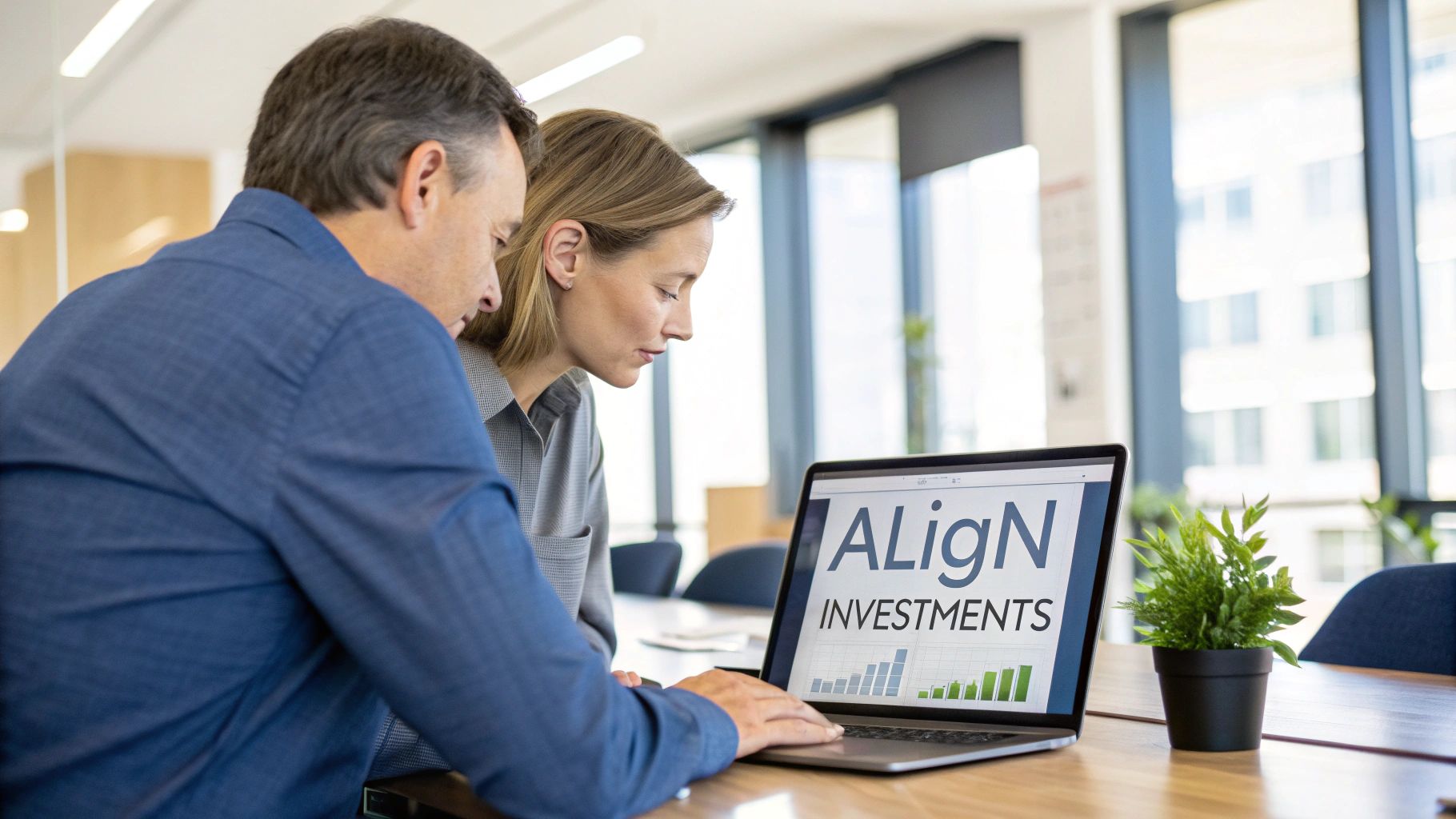 Business colleagues analyze financial data on a laptop showing 'Align Investments' in a bright office.
