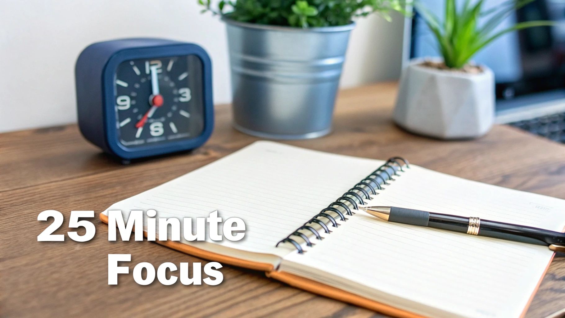 A desk with an alarm clock, open notebook, and pen, with '25 Minute Focus' text.