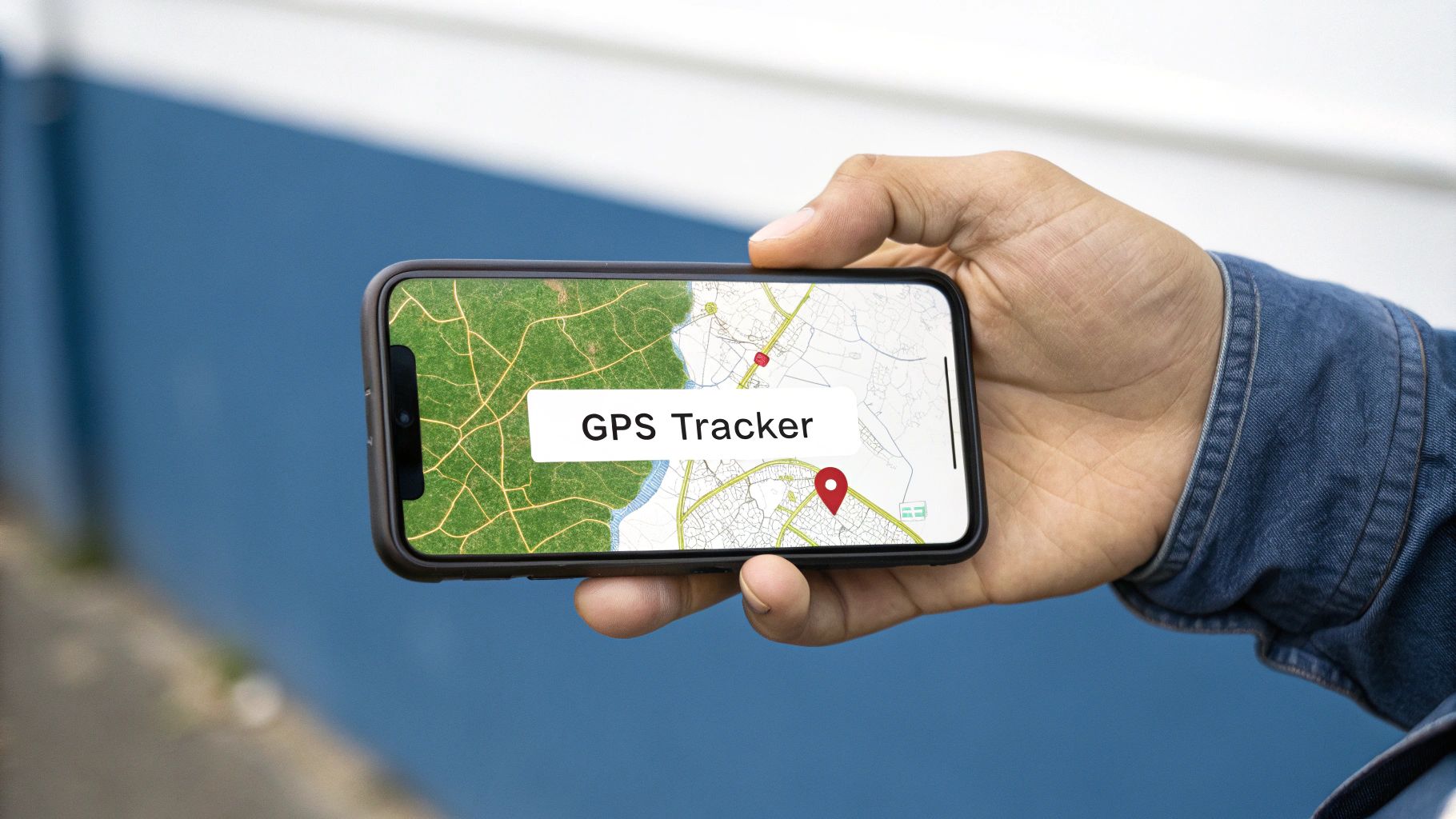 A person&#39;s hand holding an iPhone displaying a map with a GPS track overlayed on a hiking trail.