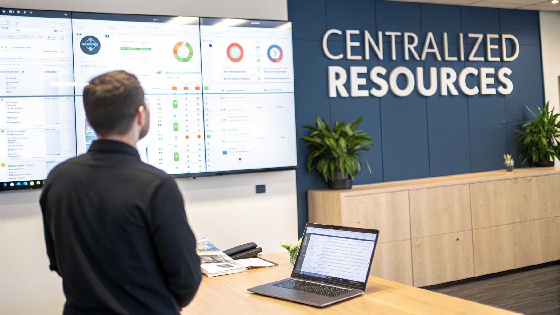 A team collaborating around a digital dashboard, illustrating online resource planning.