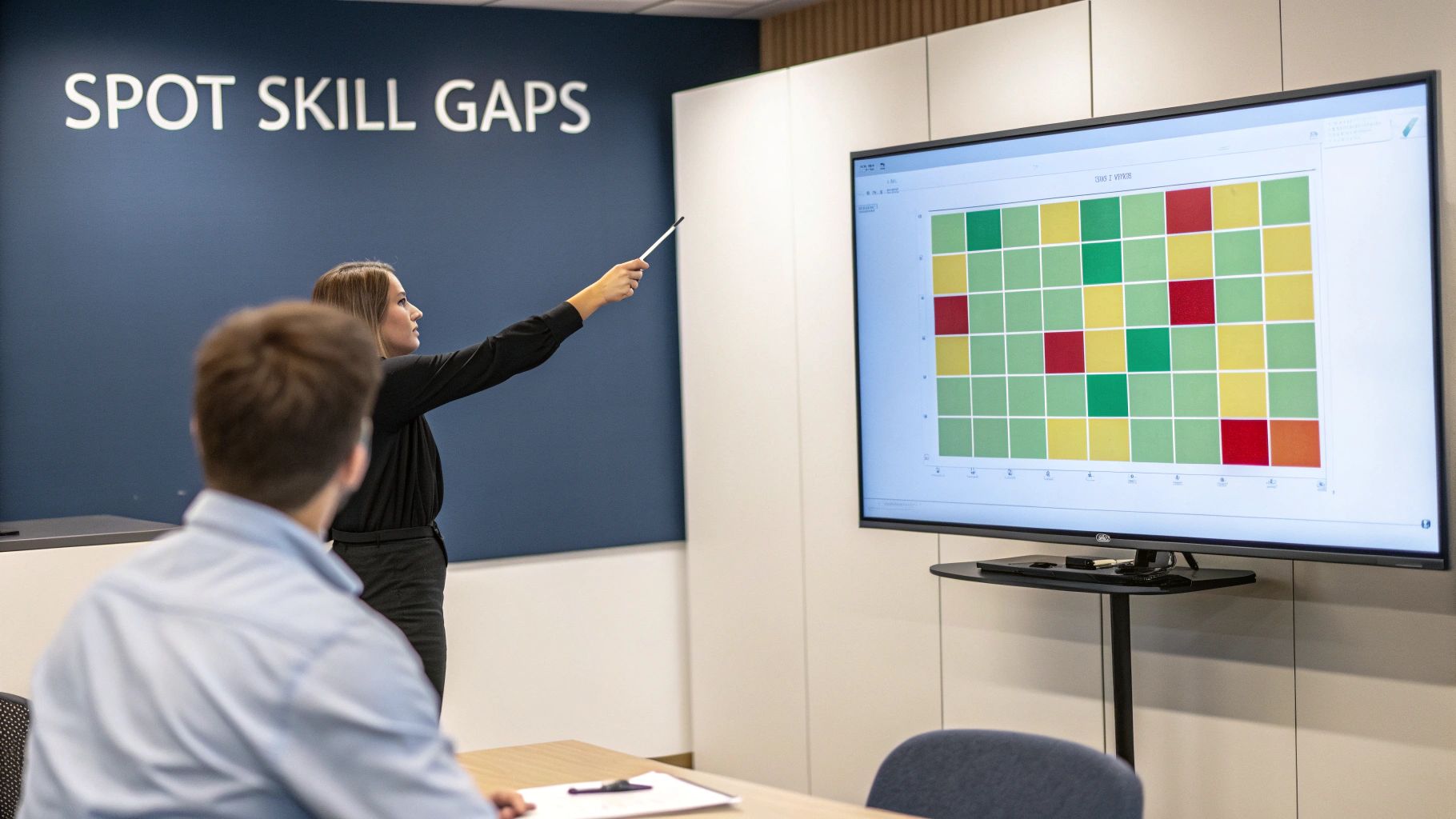 A woman points to a large screen displaying a skill matrix, discussing skill gaps with a colleague.