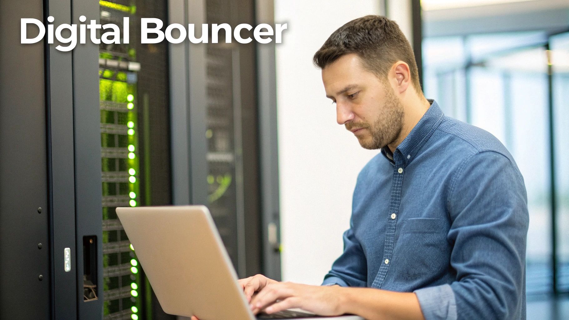 A man in a denim shirt works on a laptop in a data center with glowing server racks.