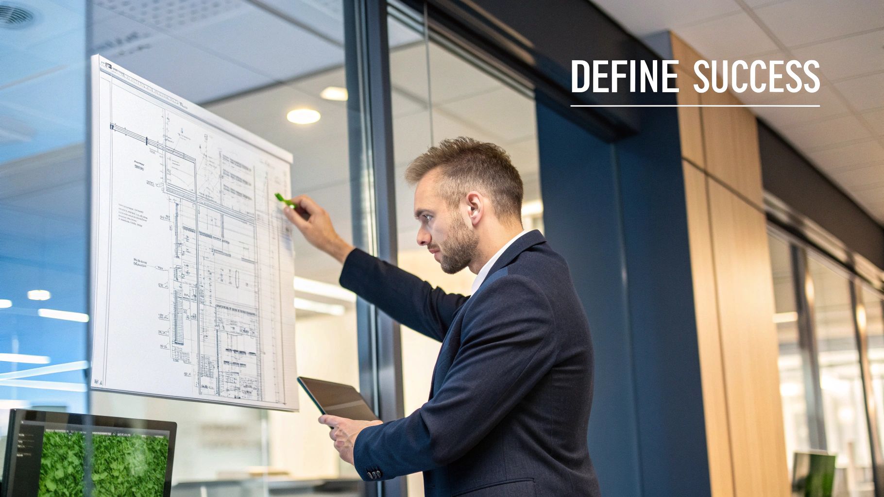 A focused man in a suit examines a large blueprint, holding a tablet in a modern office.