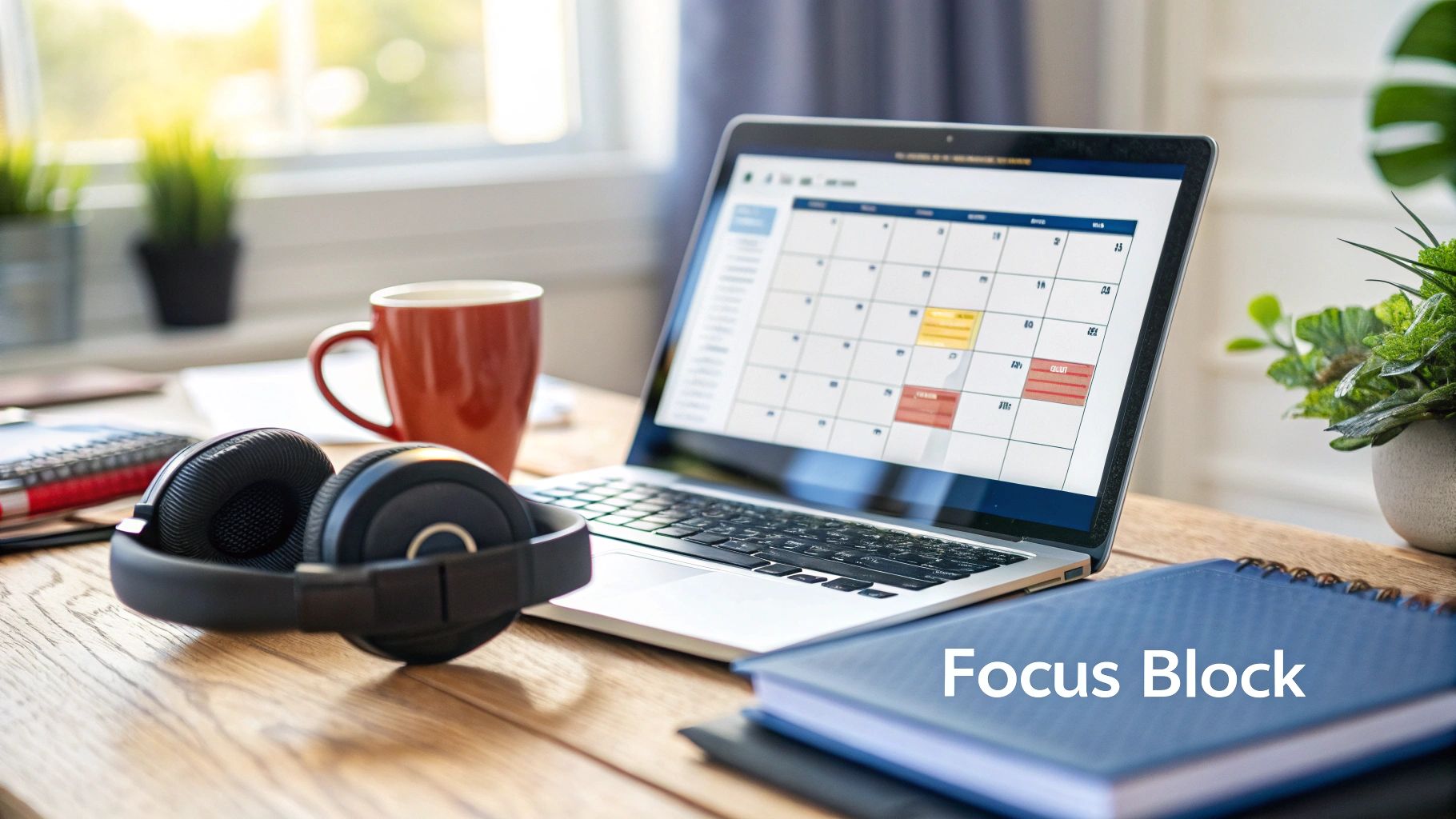 Laptop displaying calendar schedule on wooden desk with headphones and coffee mug for focused work