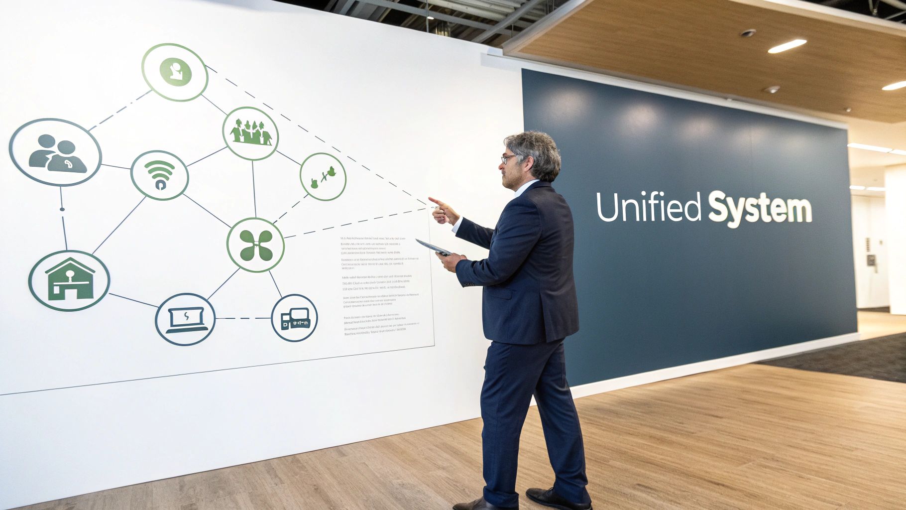 A team of professionals collaborating around a screen displaying data charts, representing unified business insights from resources planning software.