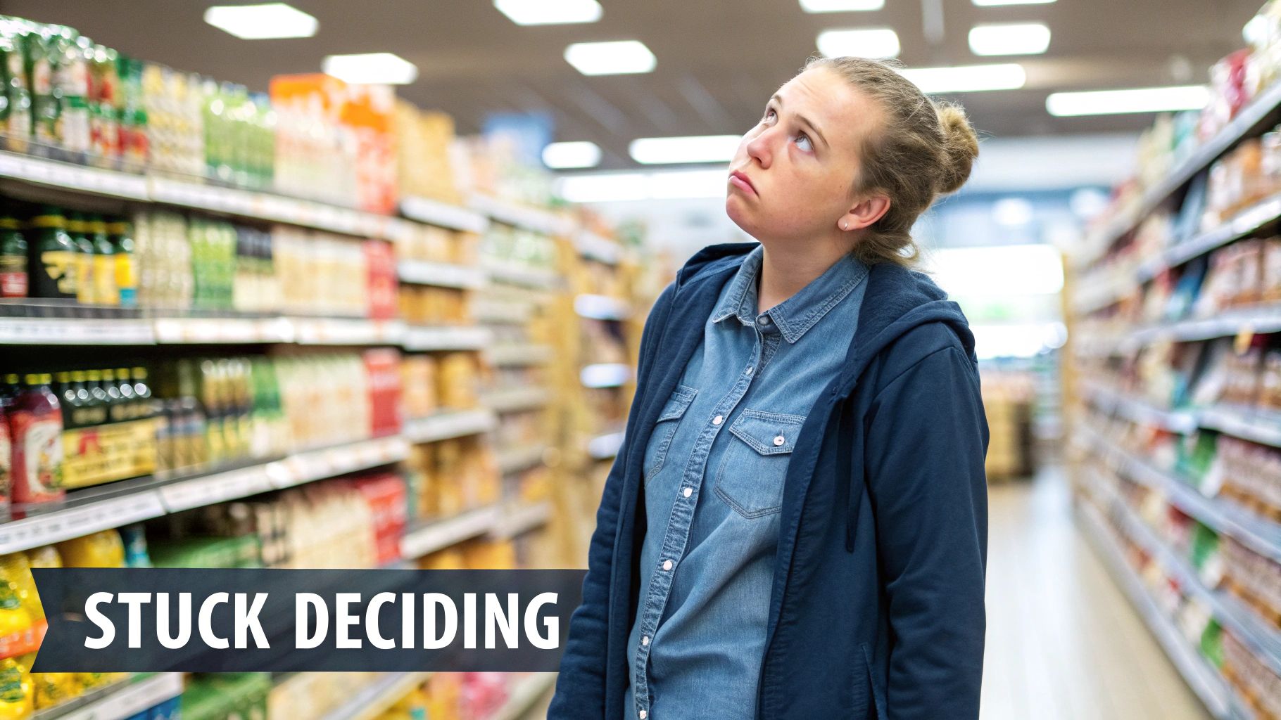 Young woman looking up confused while shopping in grocery store aisle overwhelmed by choices