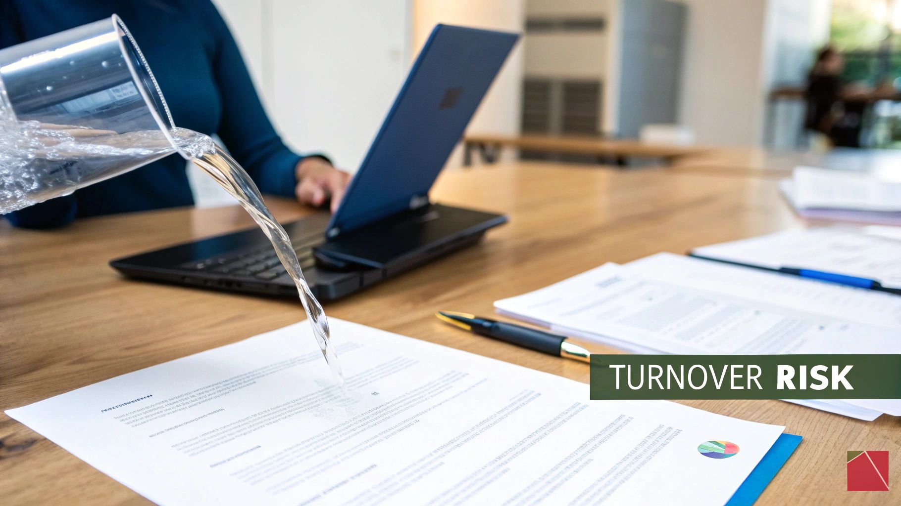 Water spills from a glass onto business documents on a desk, symbolizing risk.