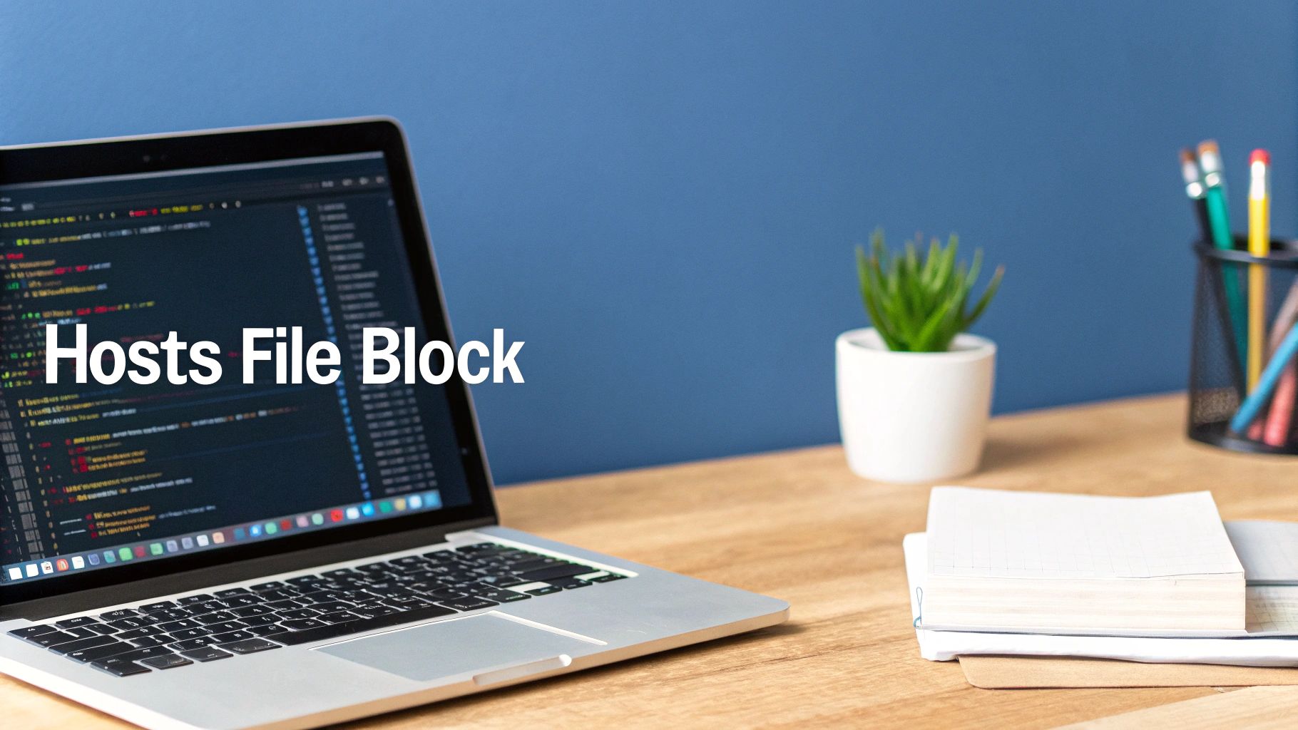 A laptop on a wooden desk displays code with 'Hosts File Block' text, alongside office supplies.