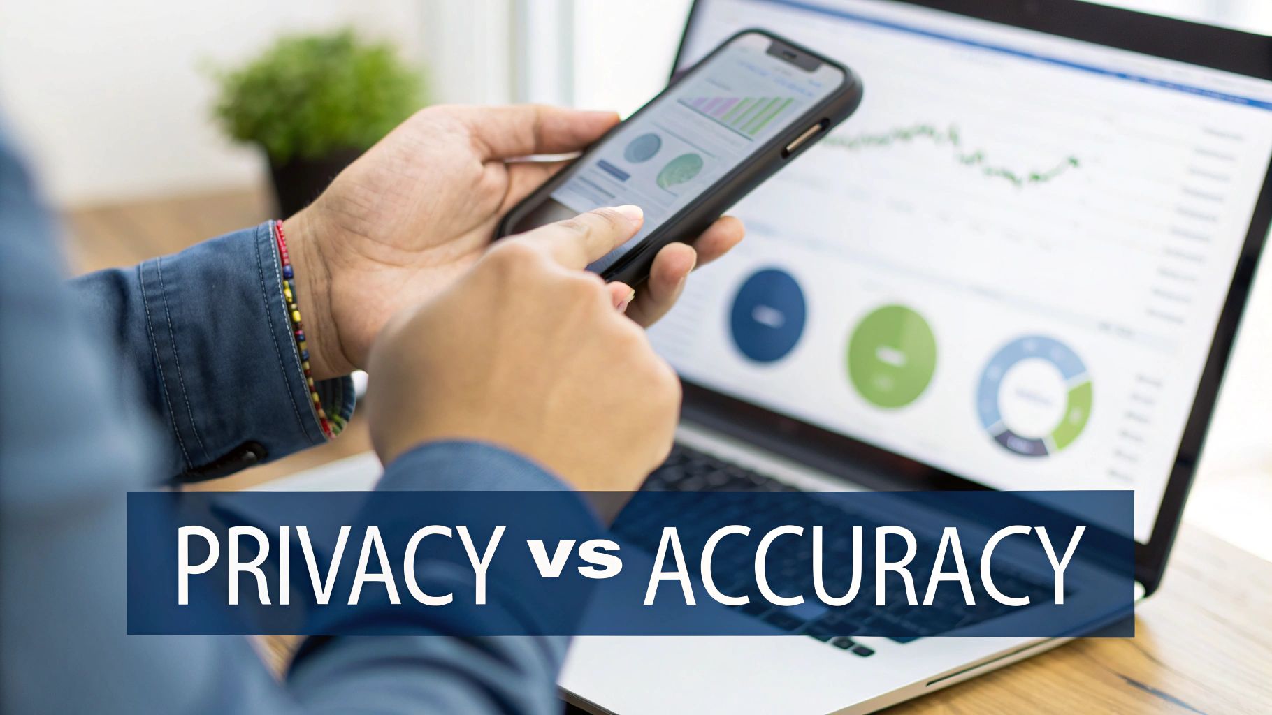 Hands interact with a smartphone and laptop displaying financial charts and graphs with 'PRIVACY vs ACCURACY' text.