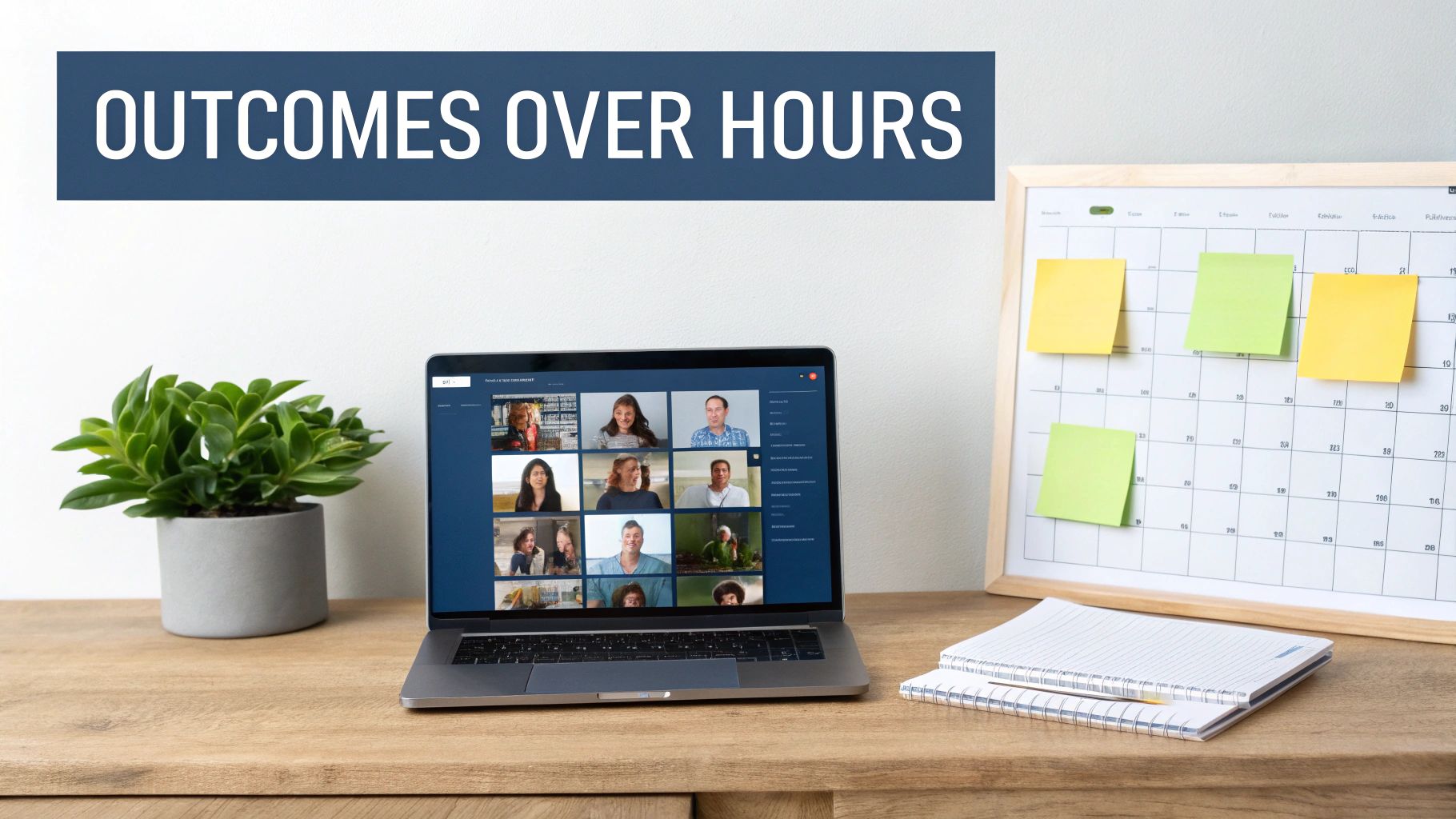A laptop on a wooden desk showing a video conference, with a plant and calendar in a home office.