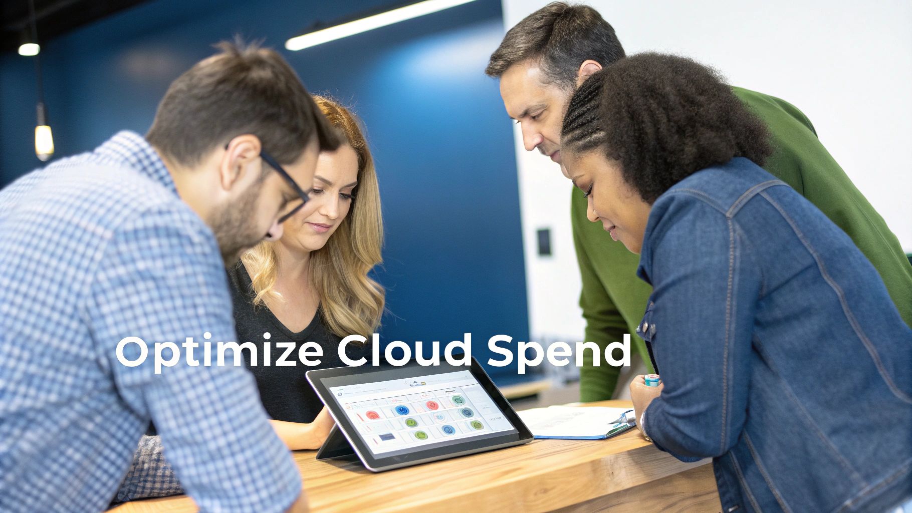 Four professionals collaborate around a tablet displaying cloud spend optimization data.