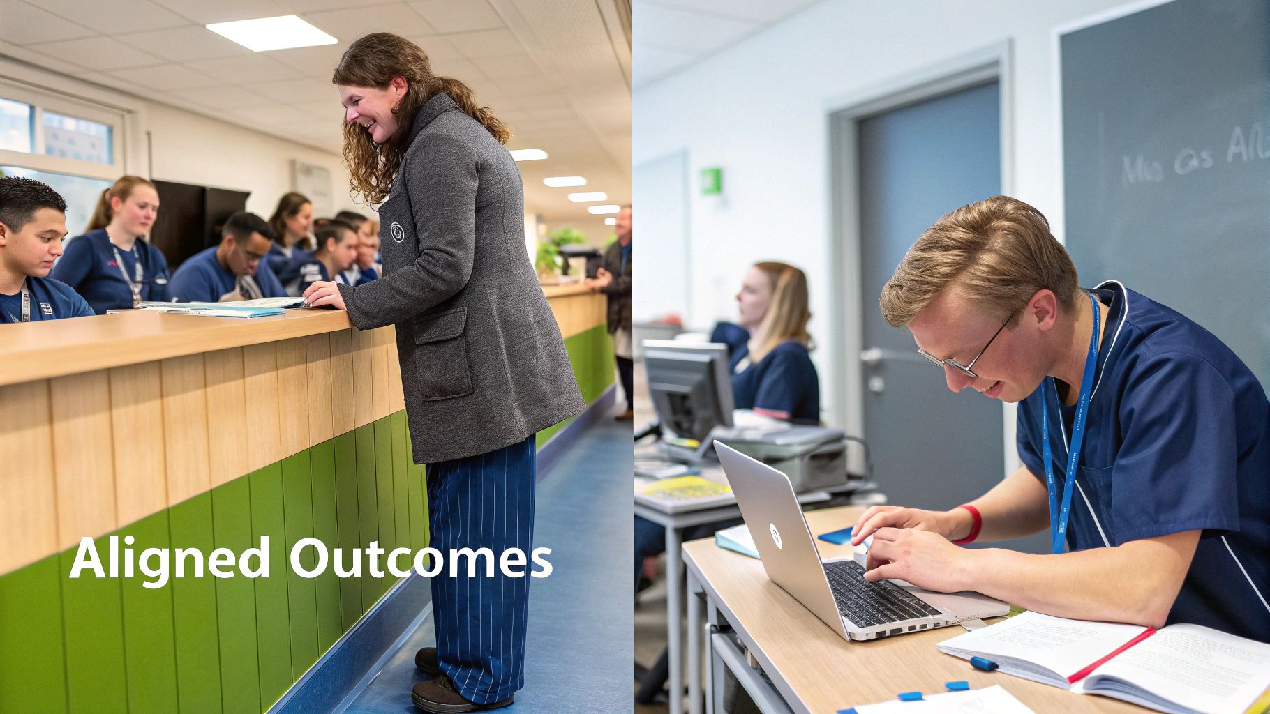 Young adults in vocational training programs, learning and working on laptops, reflecting educational outcomes.