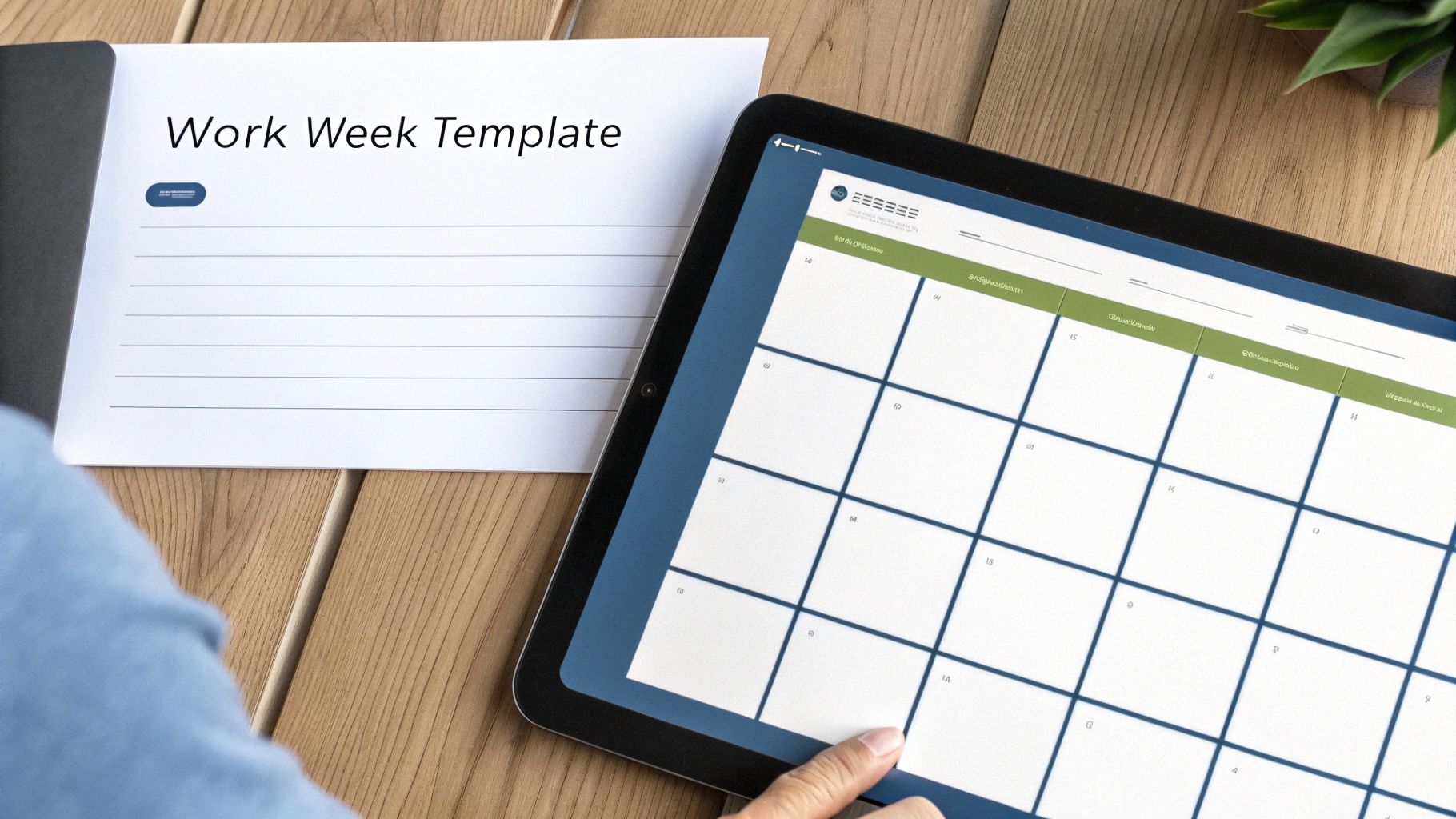 A person's hand interacts with a digital calendar on a tablet, beside a notebook titled 'Work Week Template'.