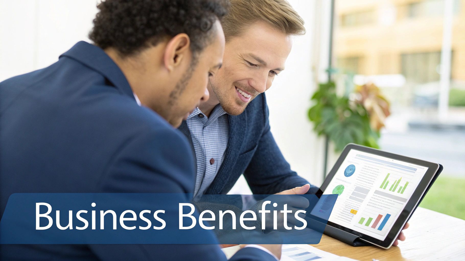 Two smiling businessmen review financial charts and graphs on a tablet, discussing business benefits.