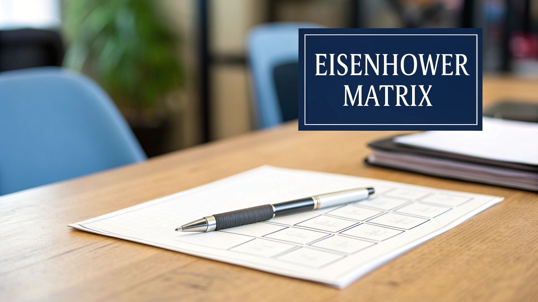 A pen lies on a paper showing a grid on a wooden desk, with an &#39;Eisenhower Matrix&#39; overlay.
