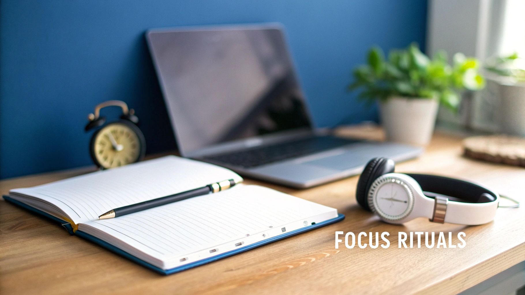 A neat desk setup with a laptop, open notebook, pen, headphones, alarm clock, and plant for focused work.