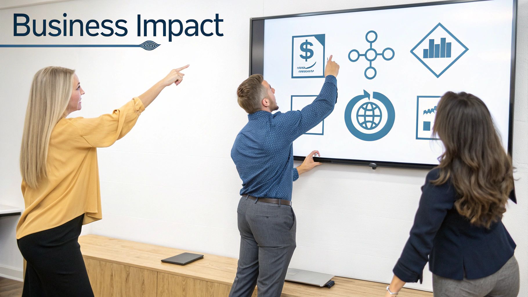 Three business professionals collaborating on a large digital screen displaying various business metrics and icons.