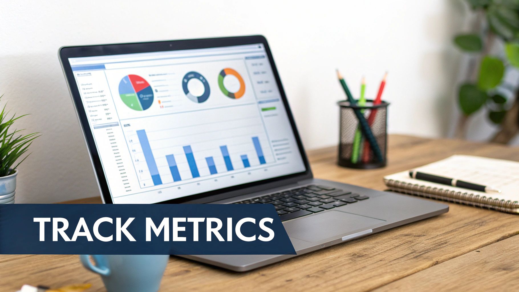 Laptop displaying colorful data analytics dashboard with charts and graphs for tracking business metrics