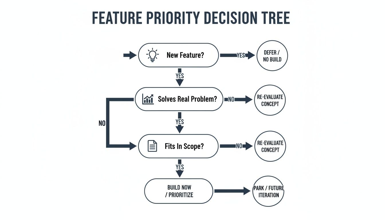 Decision tree flowchart for prioritizing new software features based on problem-solving and scope.