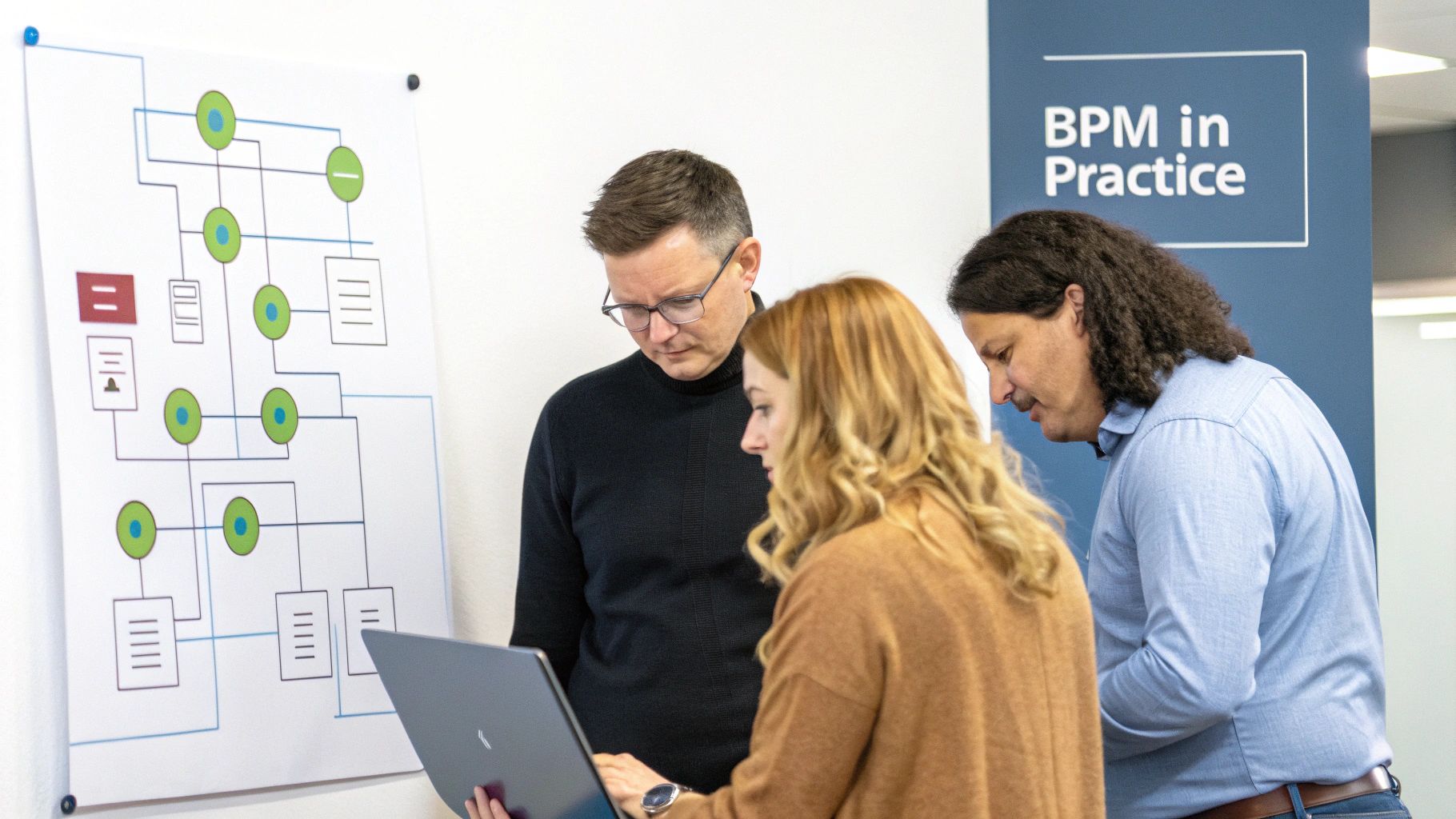 A team collaborates on a business process management flowchart in an office setting.
