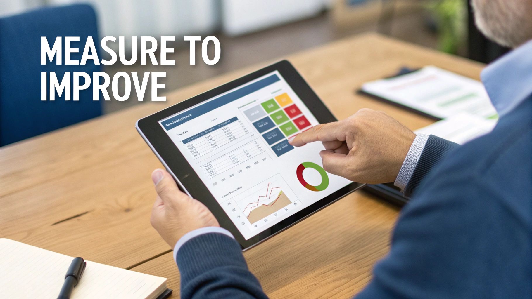 Businessman analyzing performance data and charts on a tablet, emphasizing measurement for improvement.