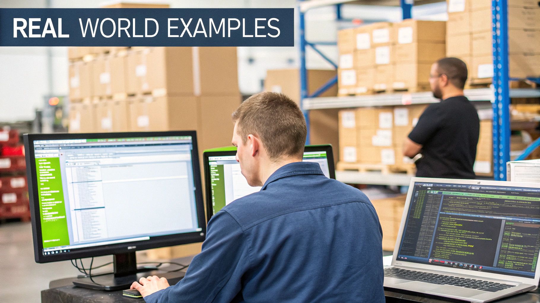 A worker manages inventory on multiple screens in a warehouse, showcasing real-world examples.