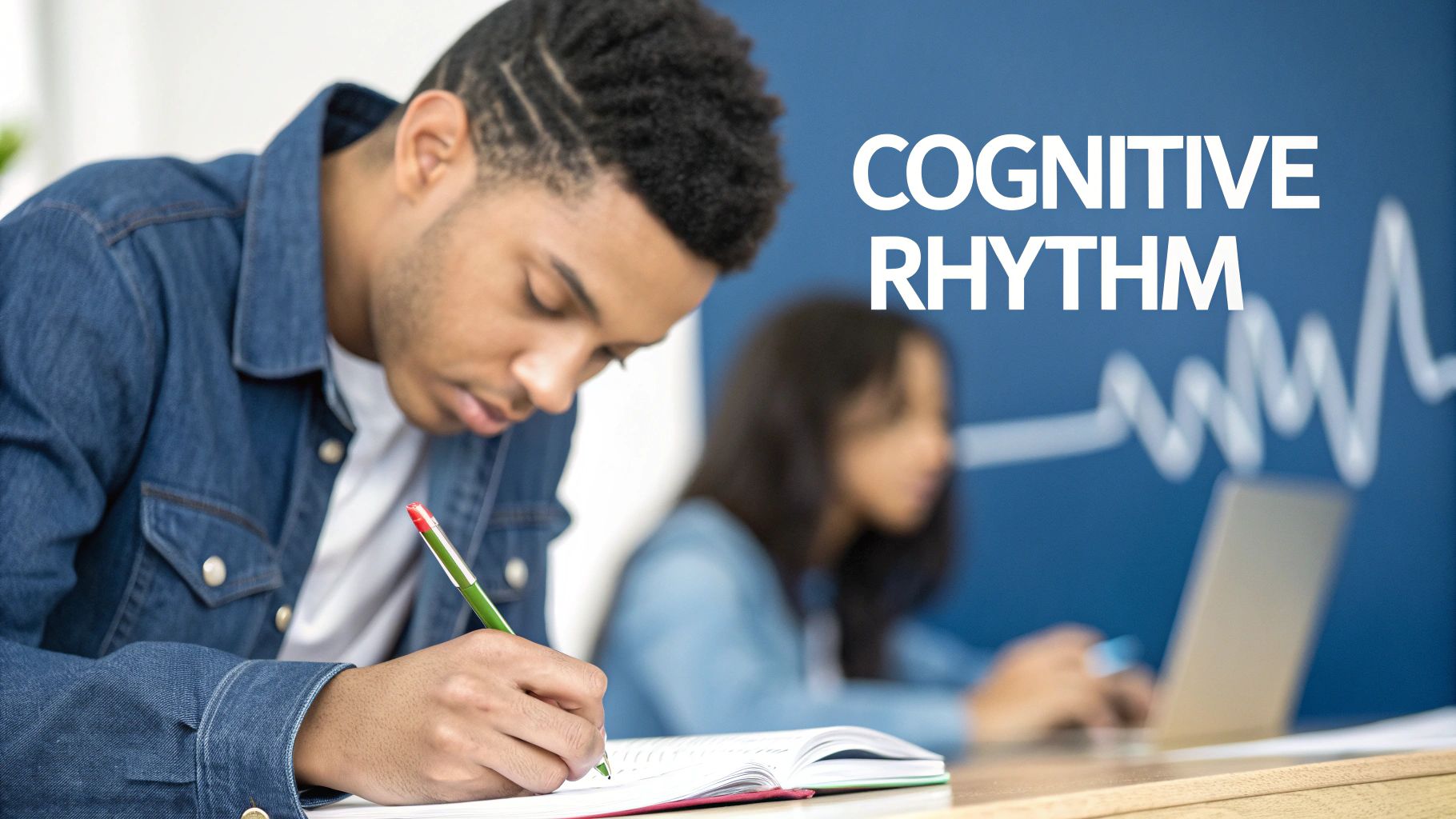 A young man studiously writing in a notebook, with 'COGNITIVE RHYTHM' text and a graph in the background.