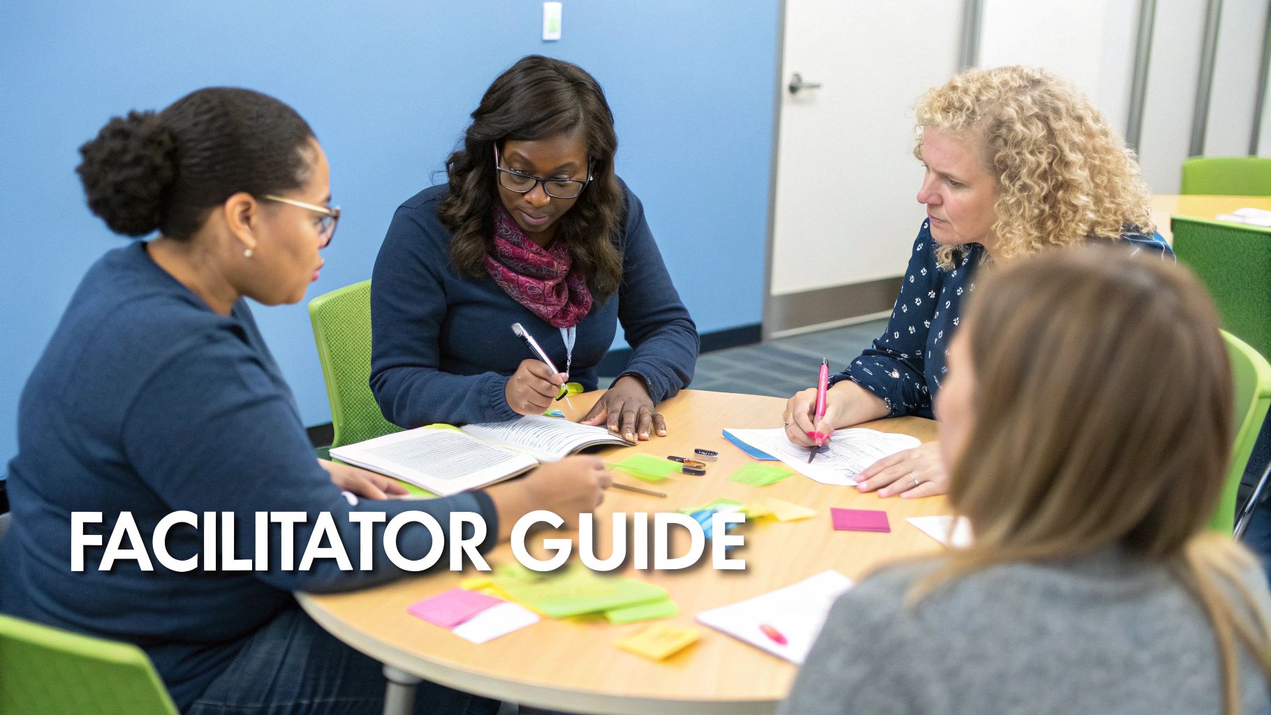Four diverse women collaborate around a table, writing notes during a facilitator guide workshop.