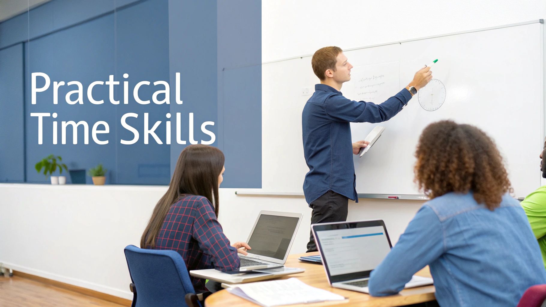 Instructor teaching practical time management skills to a diverse group of students in a classroom.