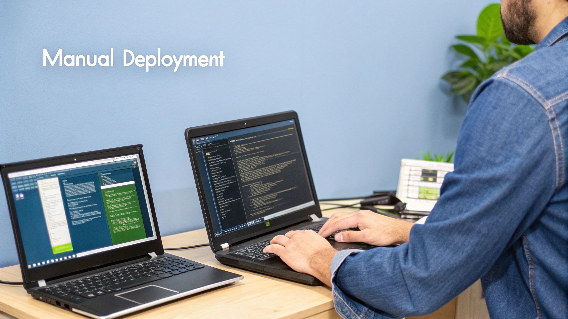 A developer's hands type on a laptop, performing manual deployment tasks, with two laptops on a desk.